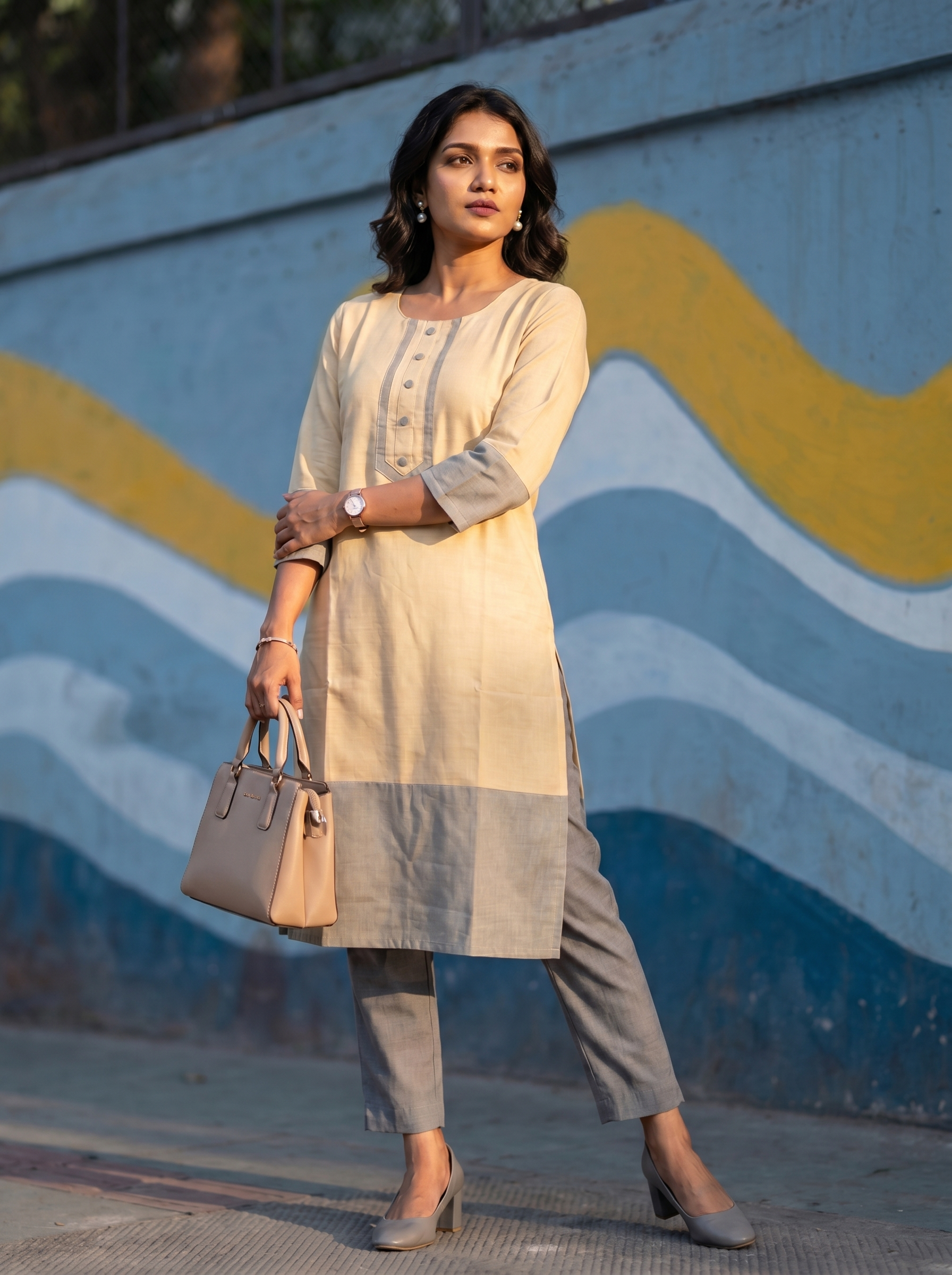 Pattern kurti 55- Handloom cotton kurti in pale yellow