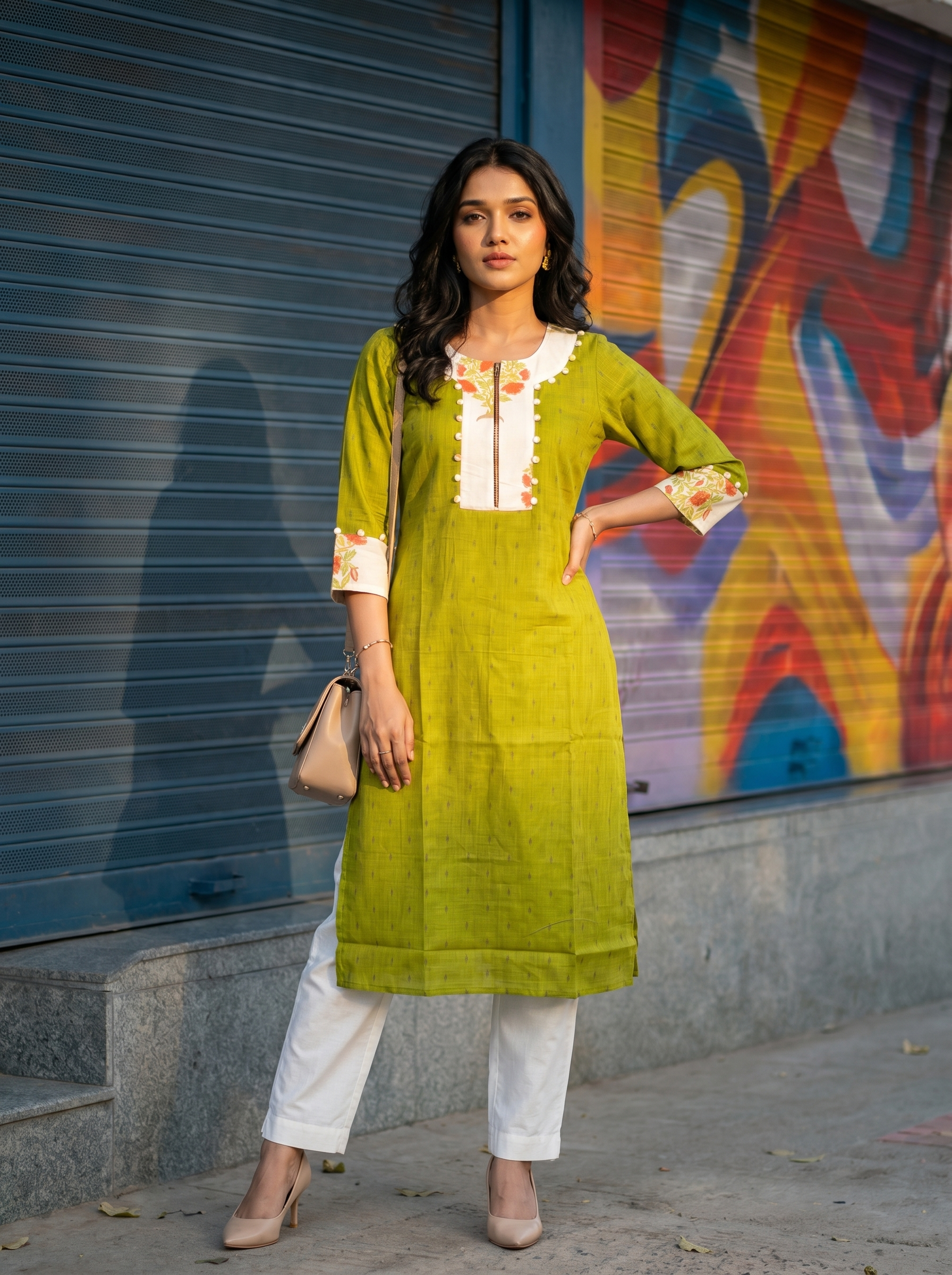 Pattern kurti 45- Handloom cotton kurti in green
