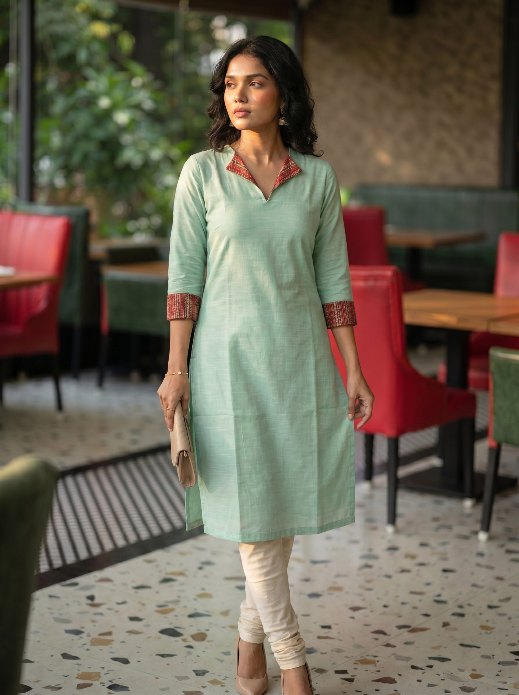 Pattern kurti 50- Handloom cotton kurti in light mint green