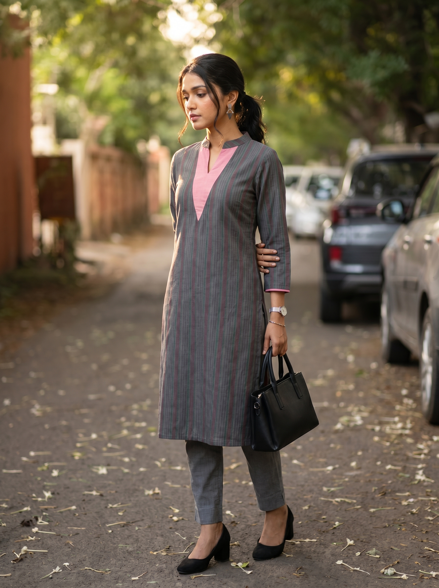 Pattern kurti 54- Handloom cotton kurti in dark grey & pink