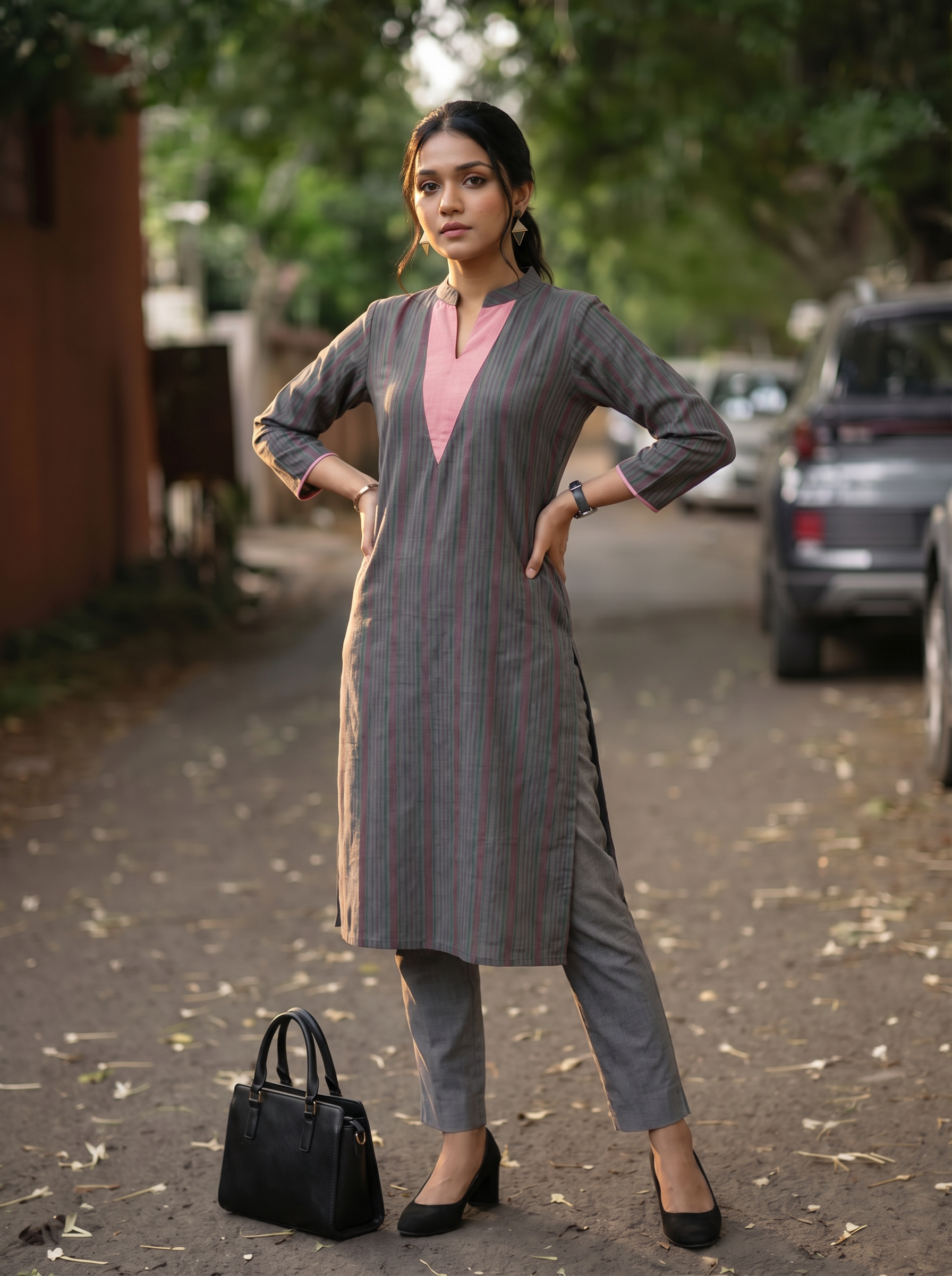 Pattern kurti 54- Handloom cotton kurti in dark grey & pink