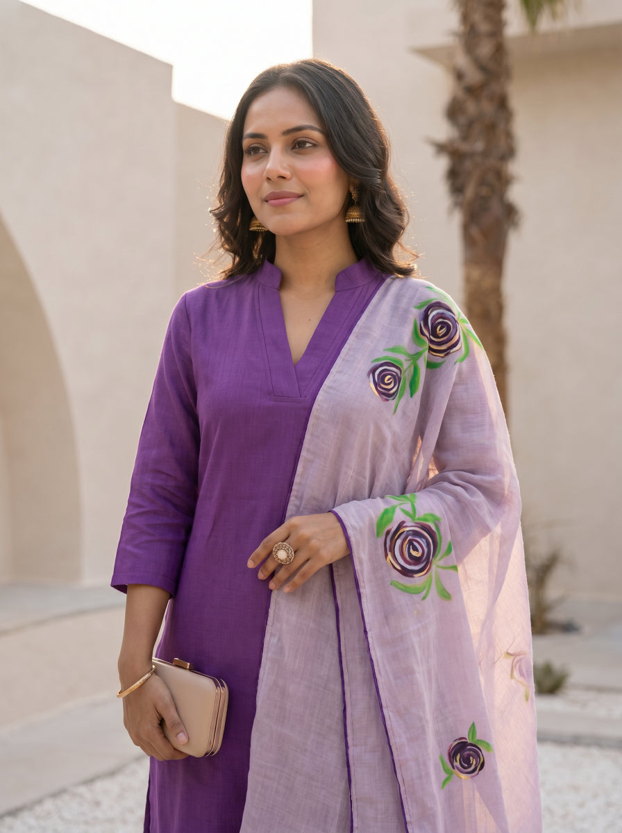 Kaira (Purple) - tussar linen blend A line kurta set with pure mul cotton handpainted floral dupatta