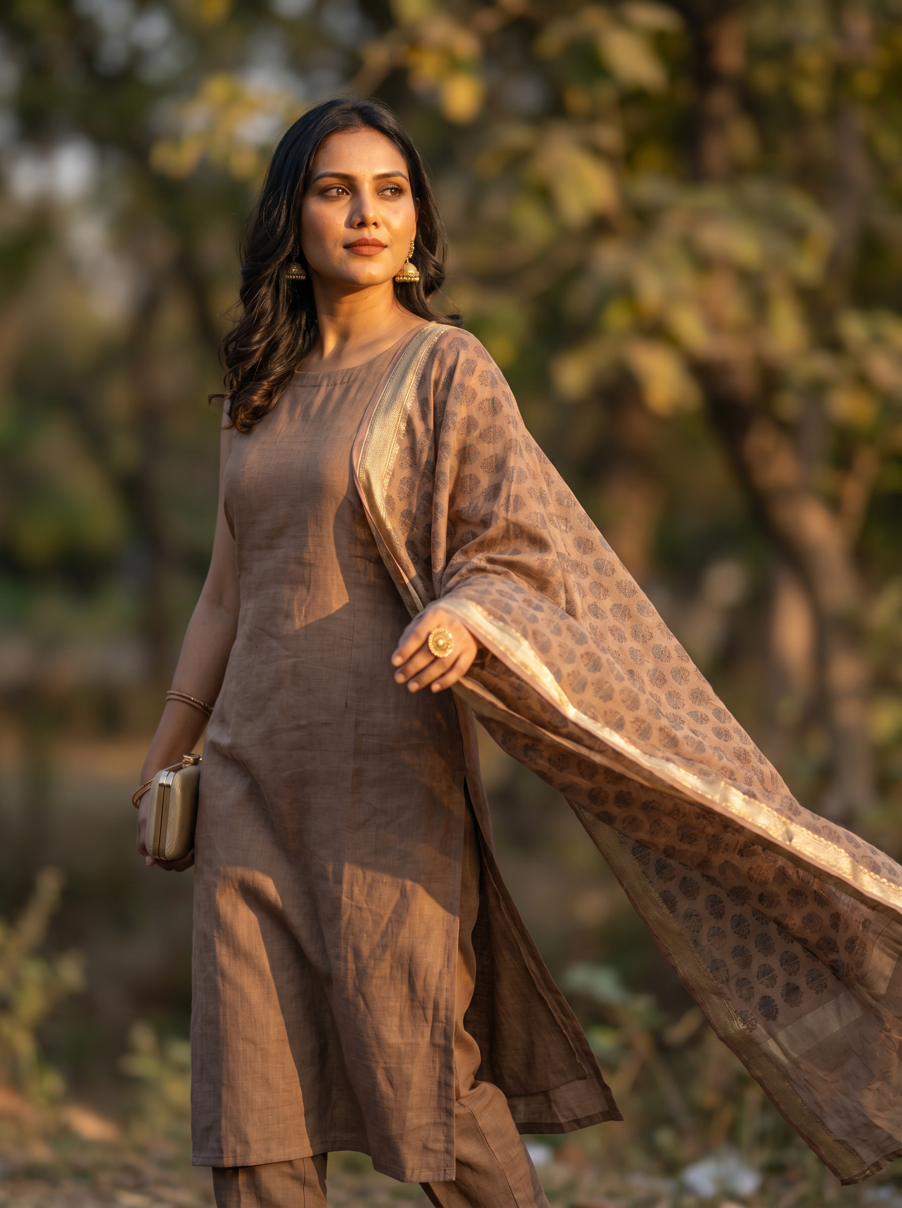Shika (Brown) - tussar silk cotton straight cut kurta set with Maheshwari silk dupatta