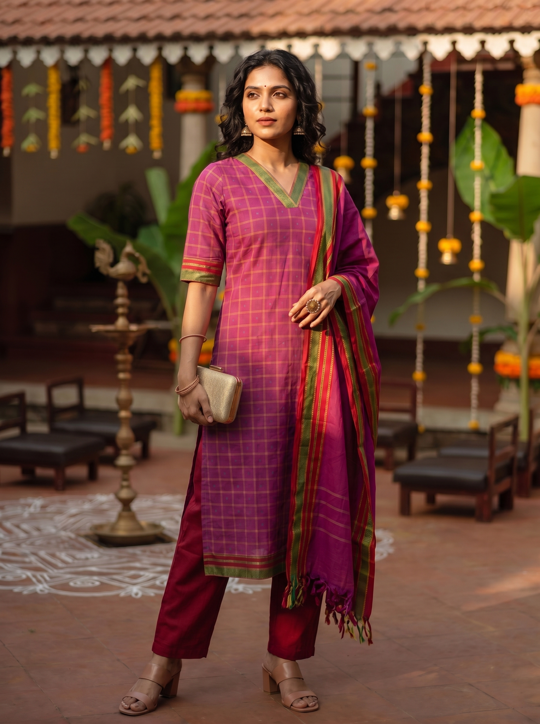 Anicham - kattam and kantha butti handwoven handloom cotton suit set in dark pink