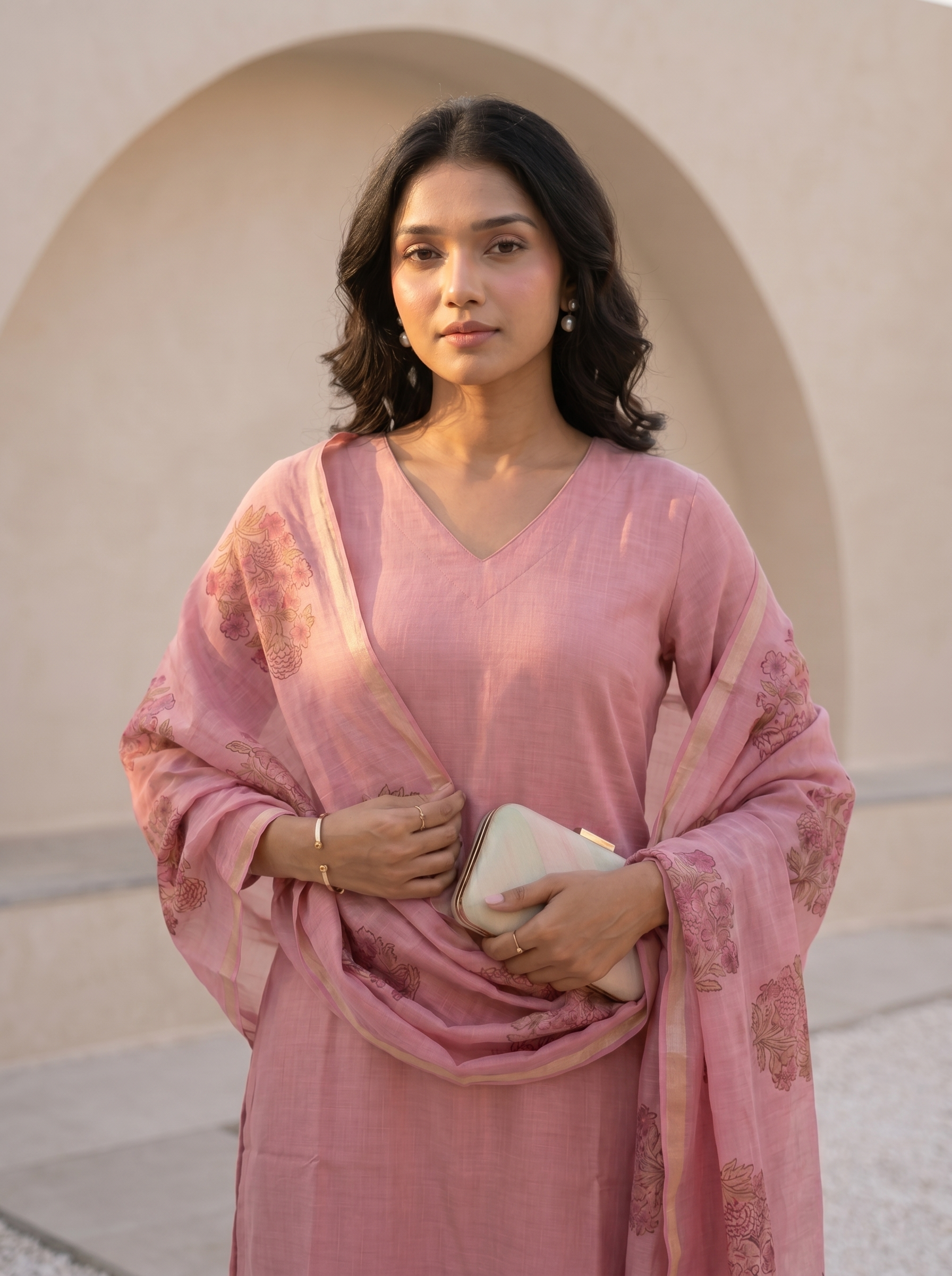 Shika (Pink) - tussar silk cotton straight cut kurta set with chanderi silk dupatta