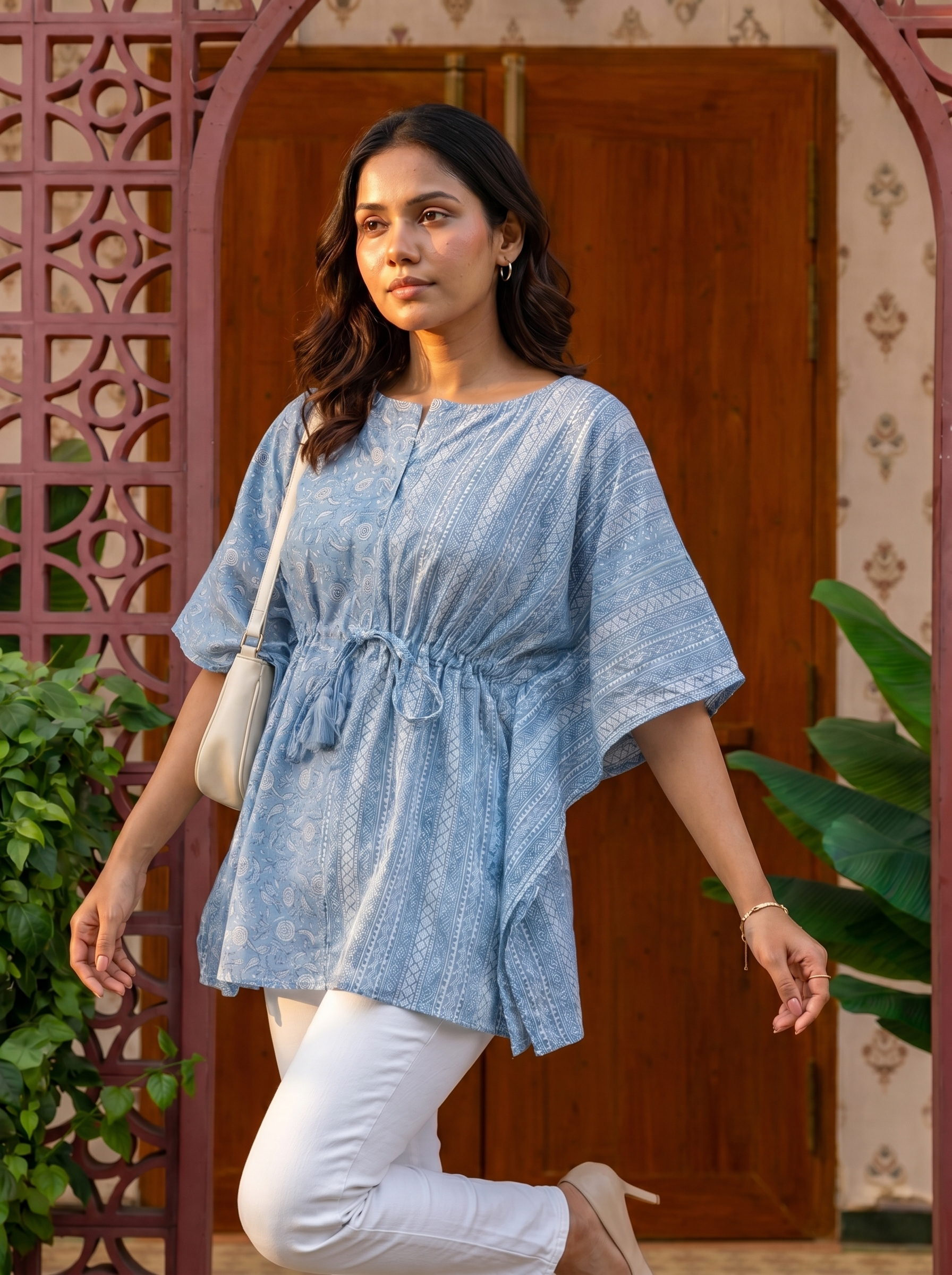 Kaftan Top #57- Abstract printed organic cotton kaftan top in Sky blue