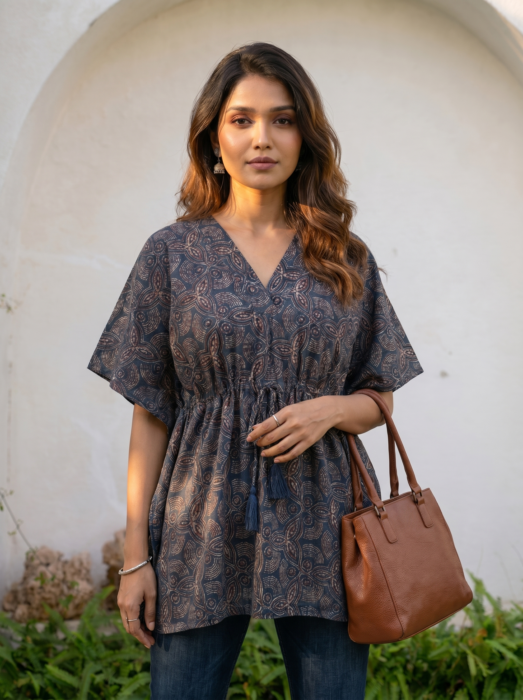 Kaftan Top #56- Leaf printed organic cotton kaftan top in Indigo blue