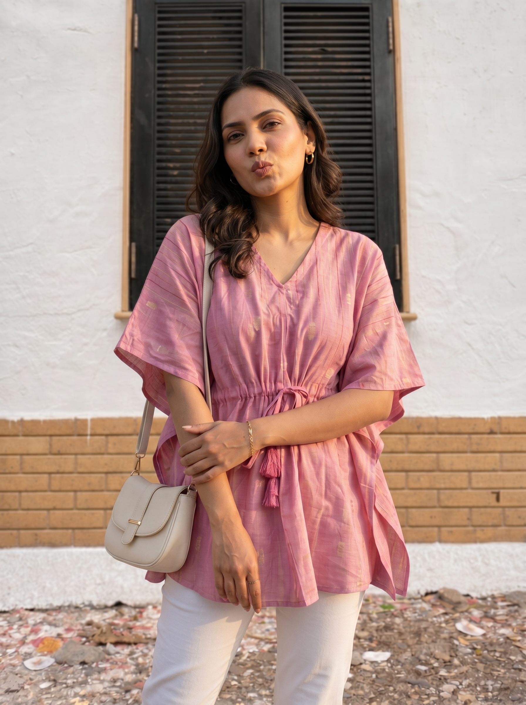 Kaftan Top #54- stripes printed organic cotton kaftan top in Light Pink