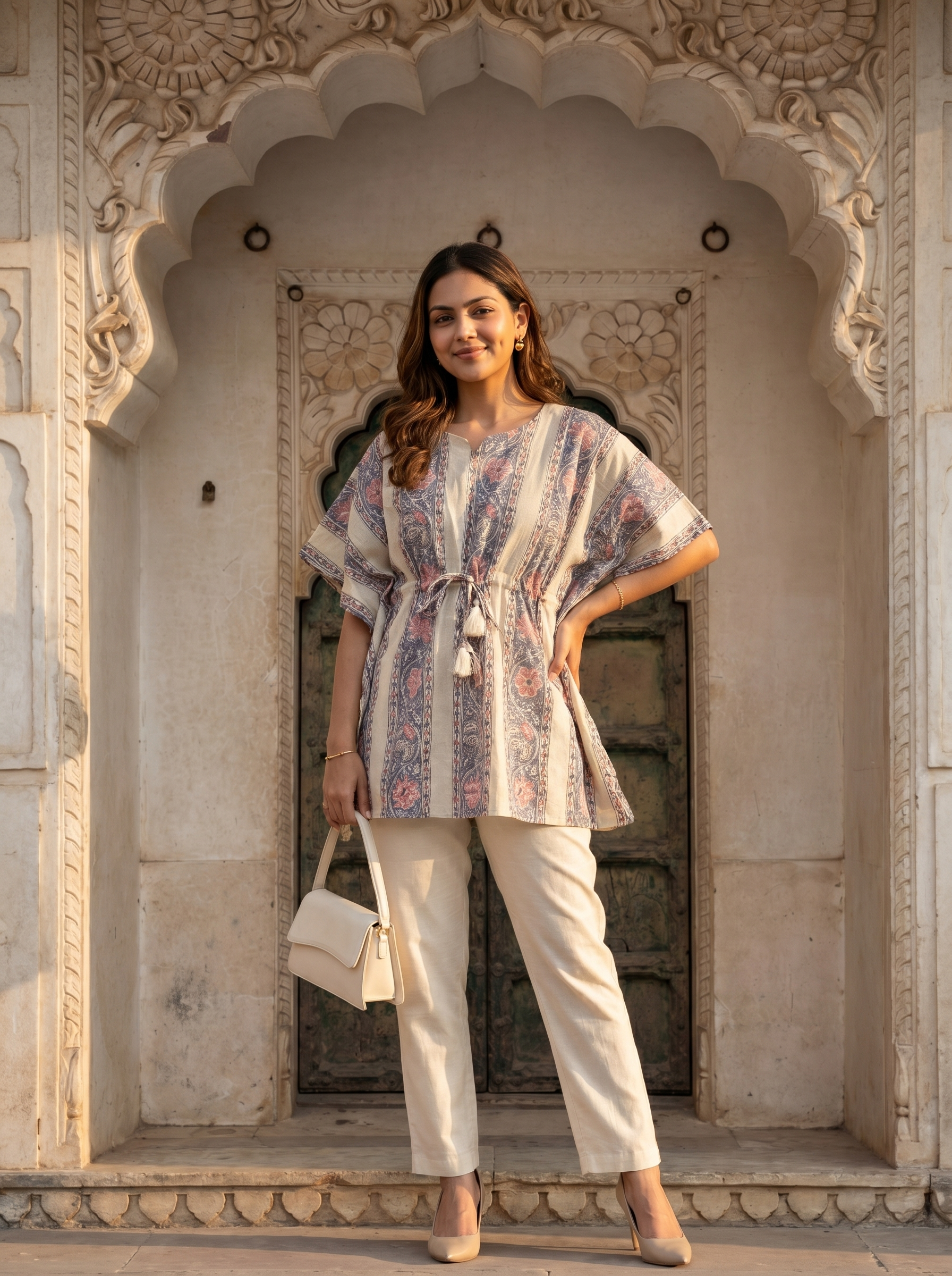 Kaftan Top #58- Floral printed organic cotton kaftan top in Off white