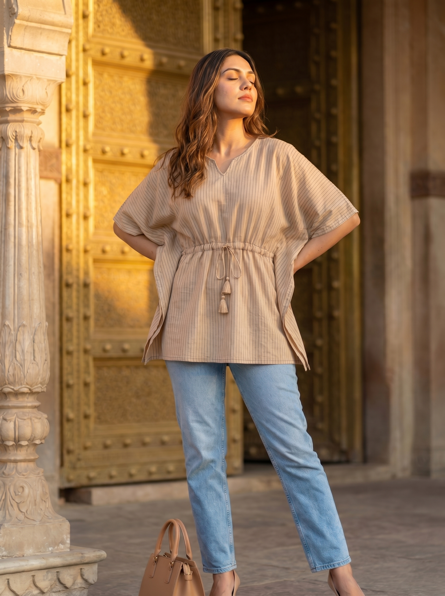 Kaftan Top #53- Stripes printed organic cotton kaftan top in Beige