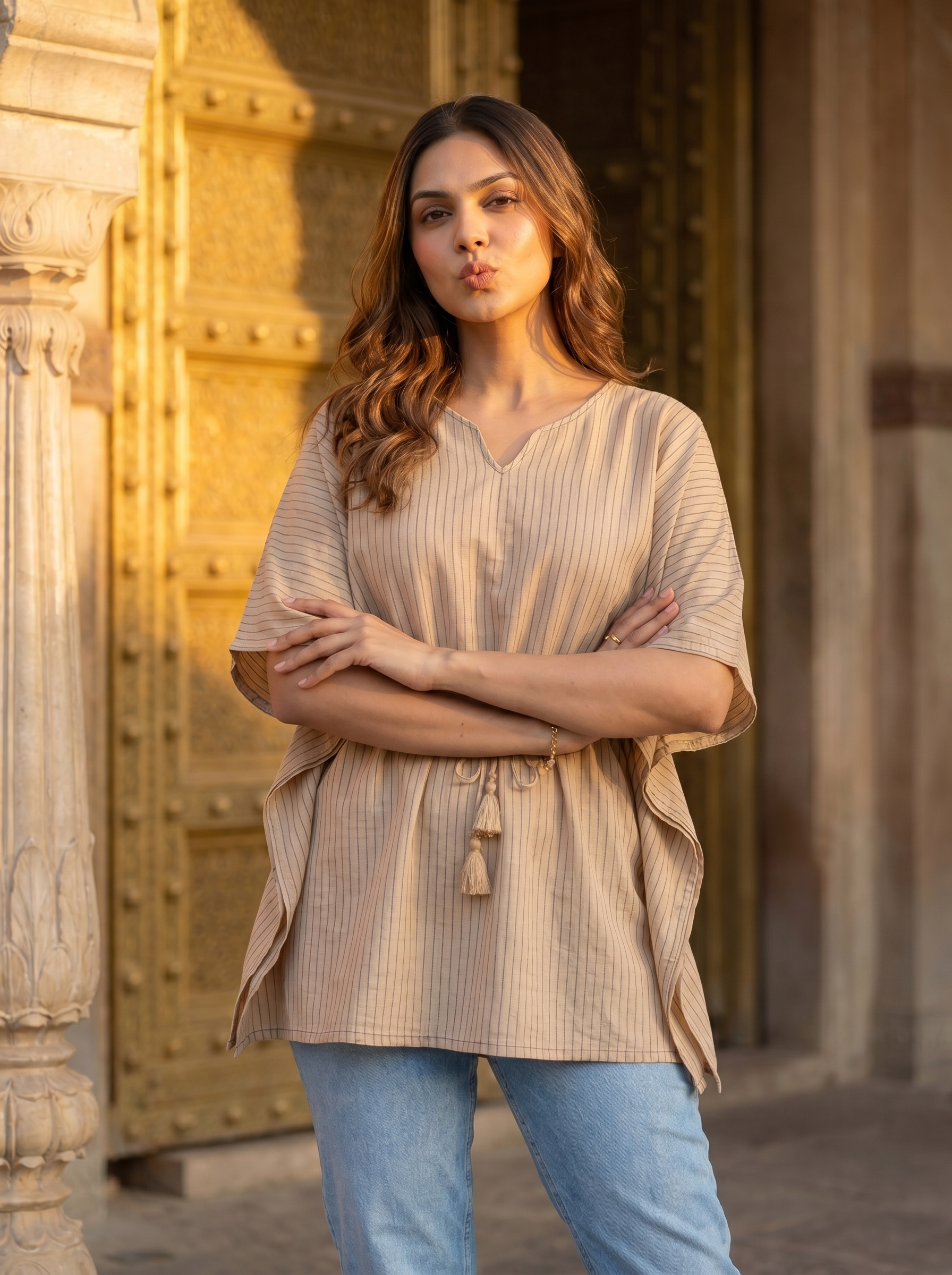 Kaftan Top #53- Stripes printed organic cotton kaftan top in Beige