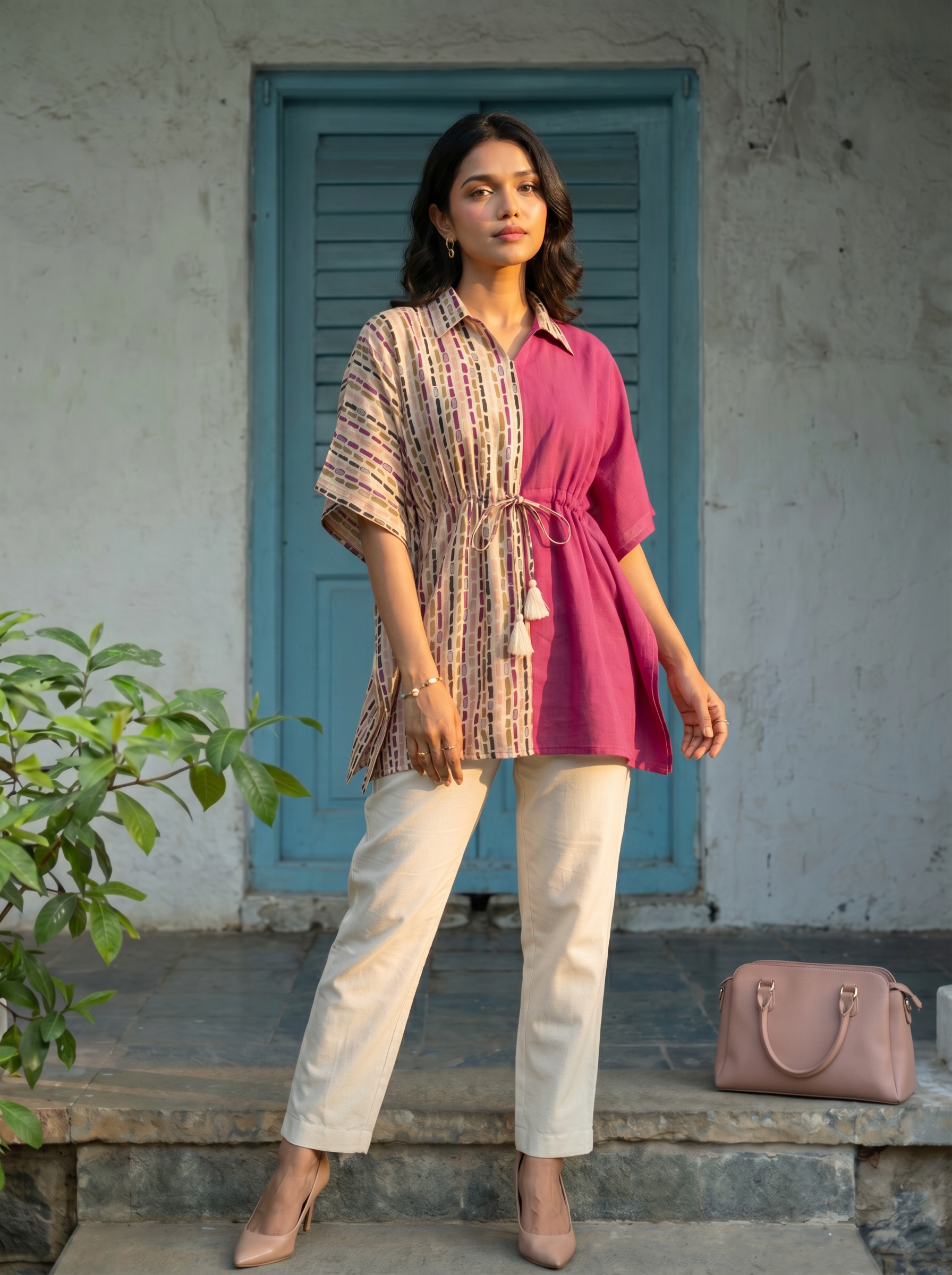 Kaftan Top #52- Stripes printed organic cotton kaftan top in Pink and Beige