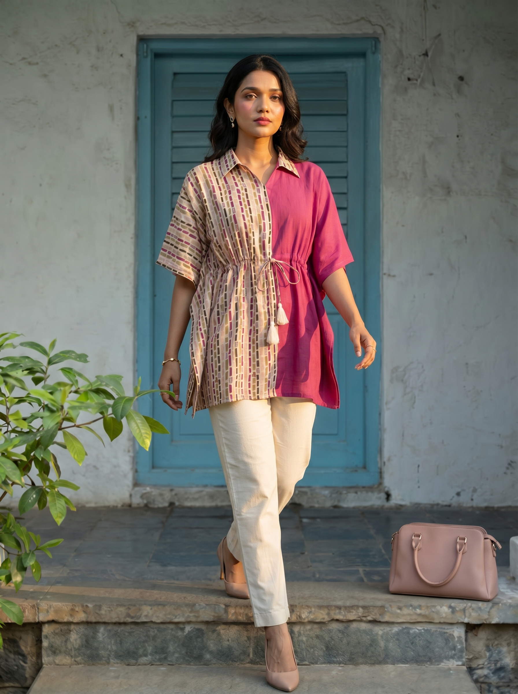 Kaftan Top #52- Stripes printed organic cotton kaftan top in Pink and Beige