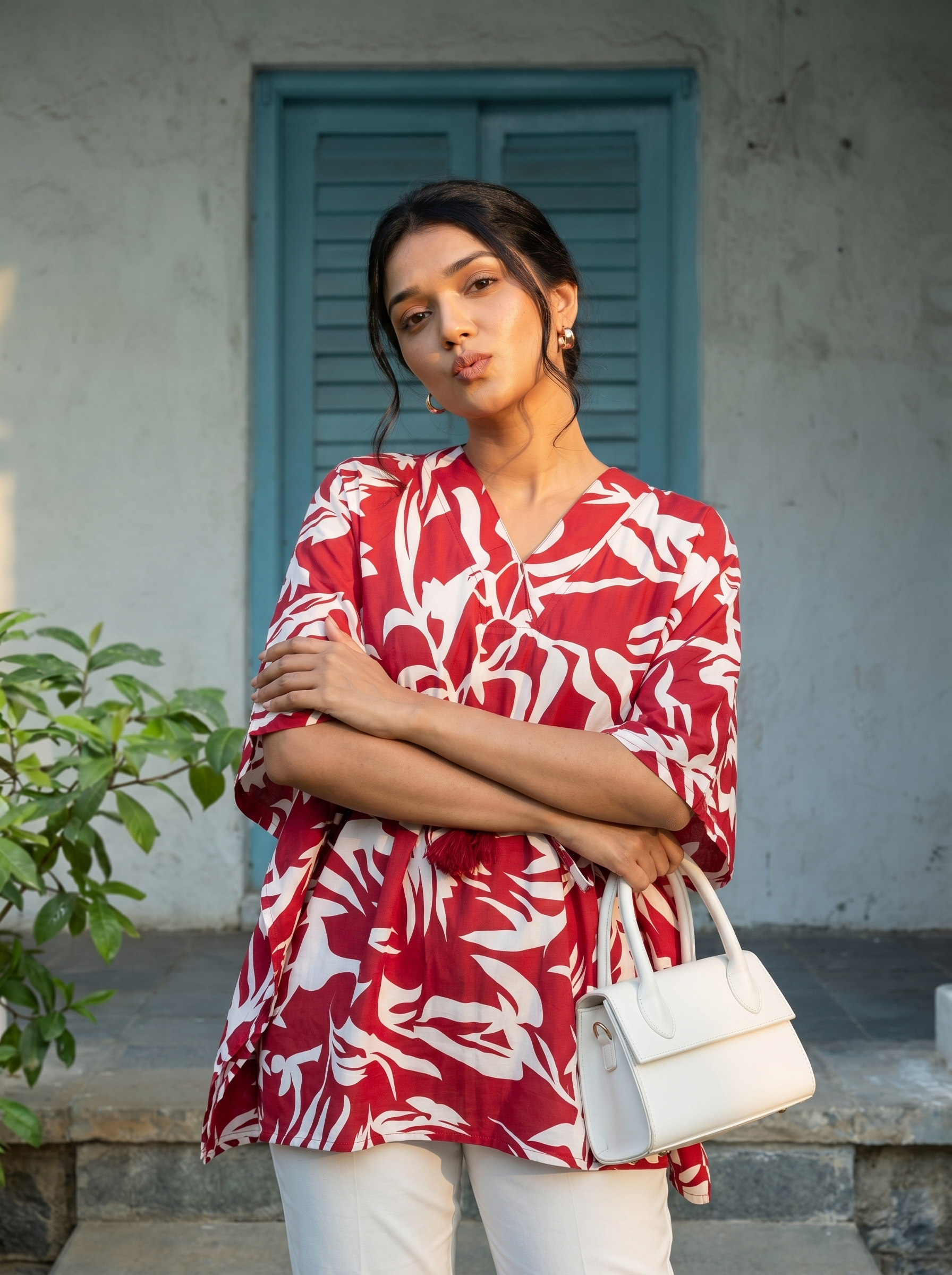 Kaftan Top #51- Floral printed organic cotton kaftan top in Reddish pink