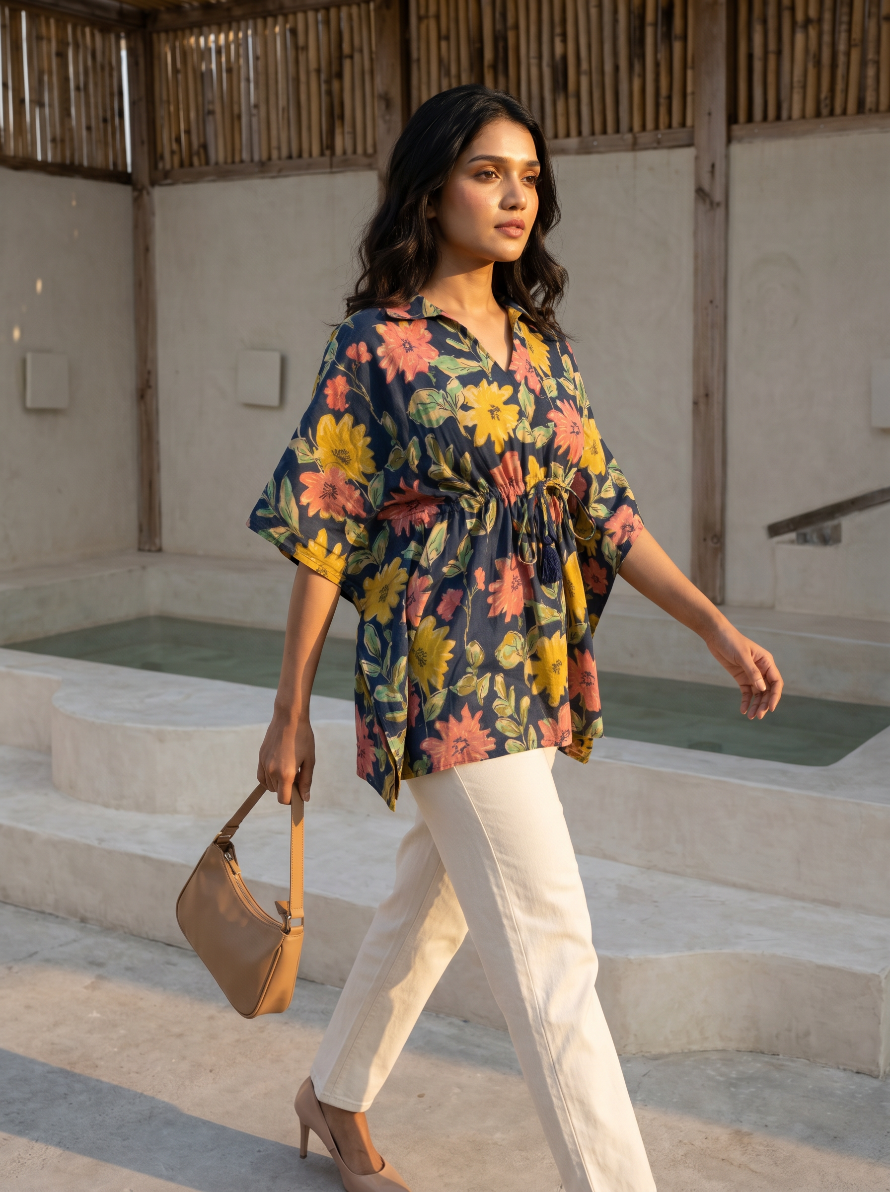 Kaftan Top #49- Floral printed organic cotton kaftan top in Navy Blue