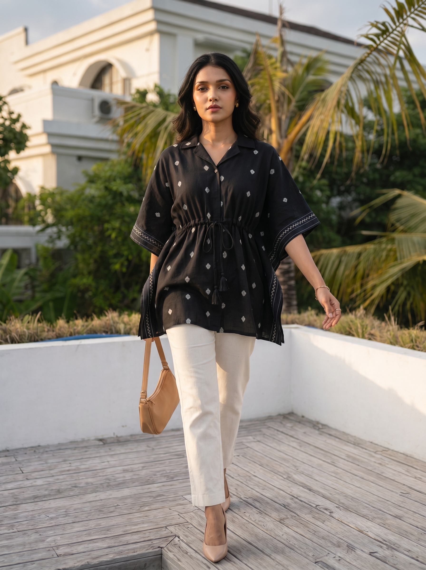 Kaftan Top #48- Diamond printed organic cotton kaftan top in Black