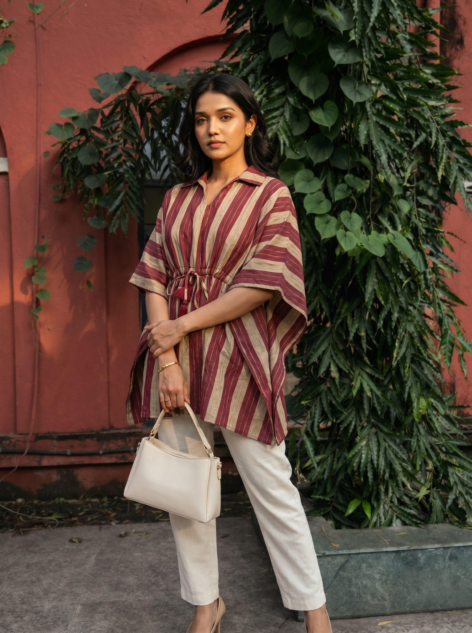 Kaftan Top #47- Stripes printed organic cotton kaftan top in Rust Red
