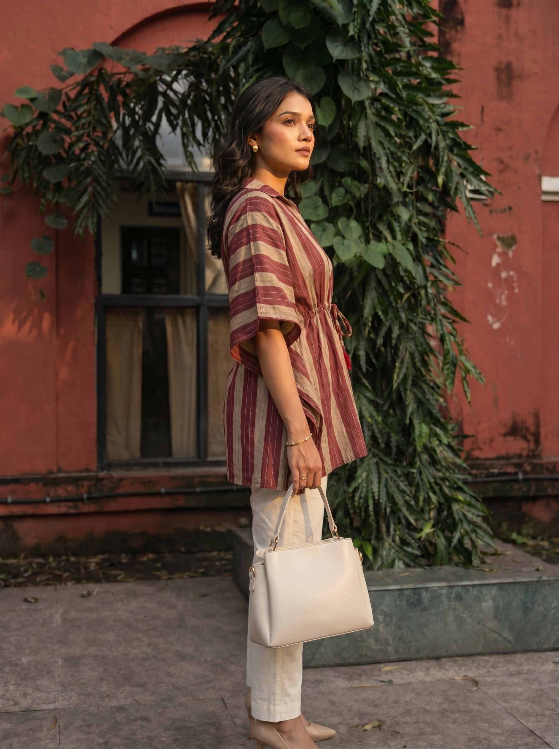 Kaftan Top #47- Stripes printed organic cotton kaftan top in Rust Red