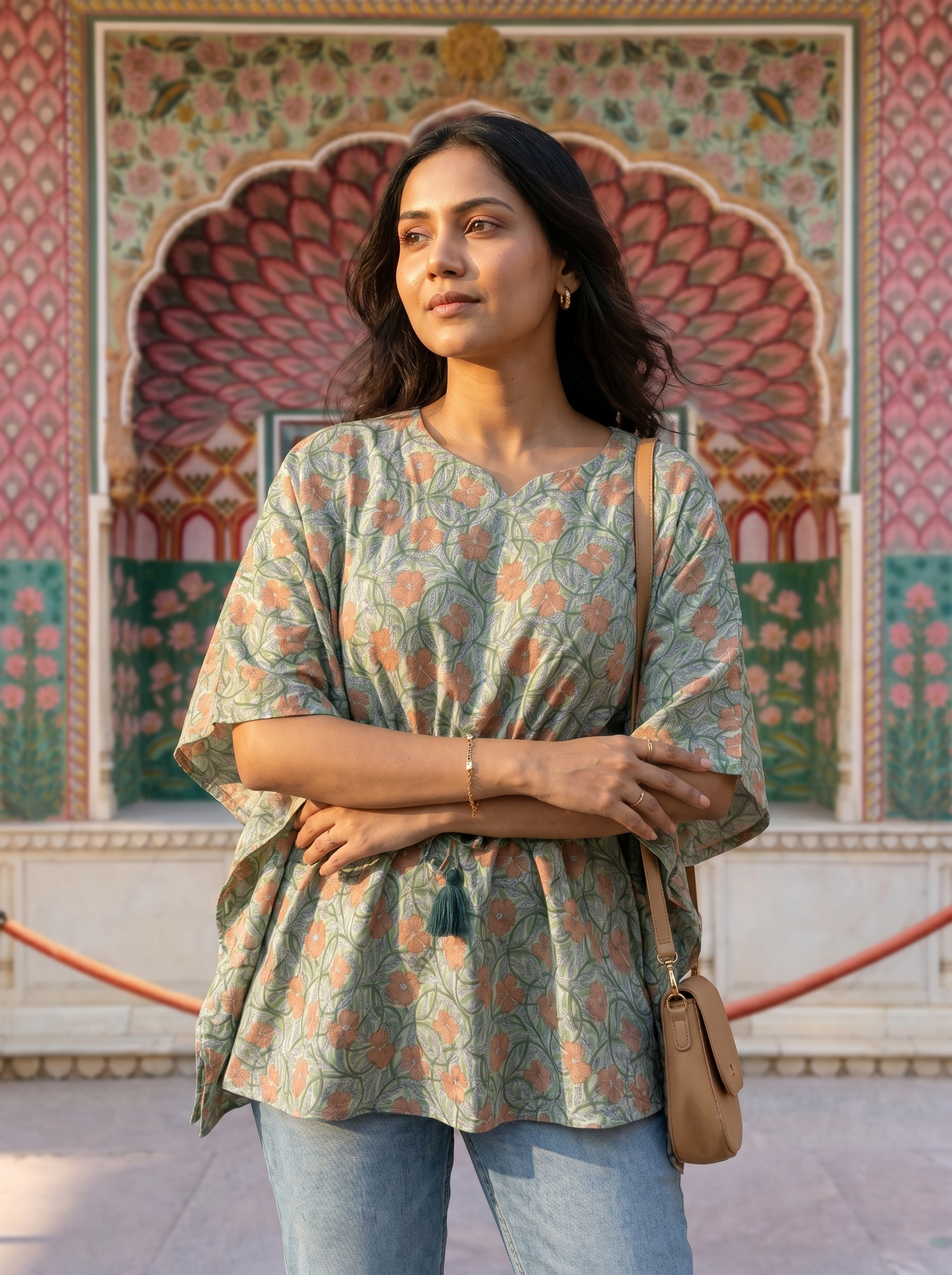 Kaftan Top #46- Floral printed organic cotton kaftan top in Sage green