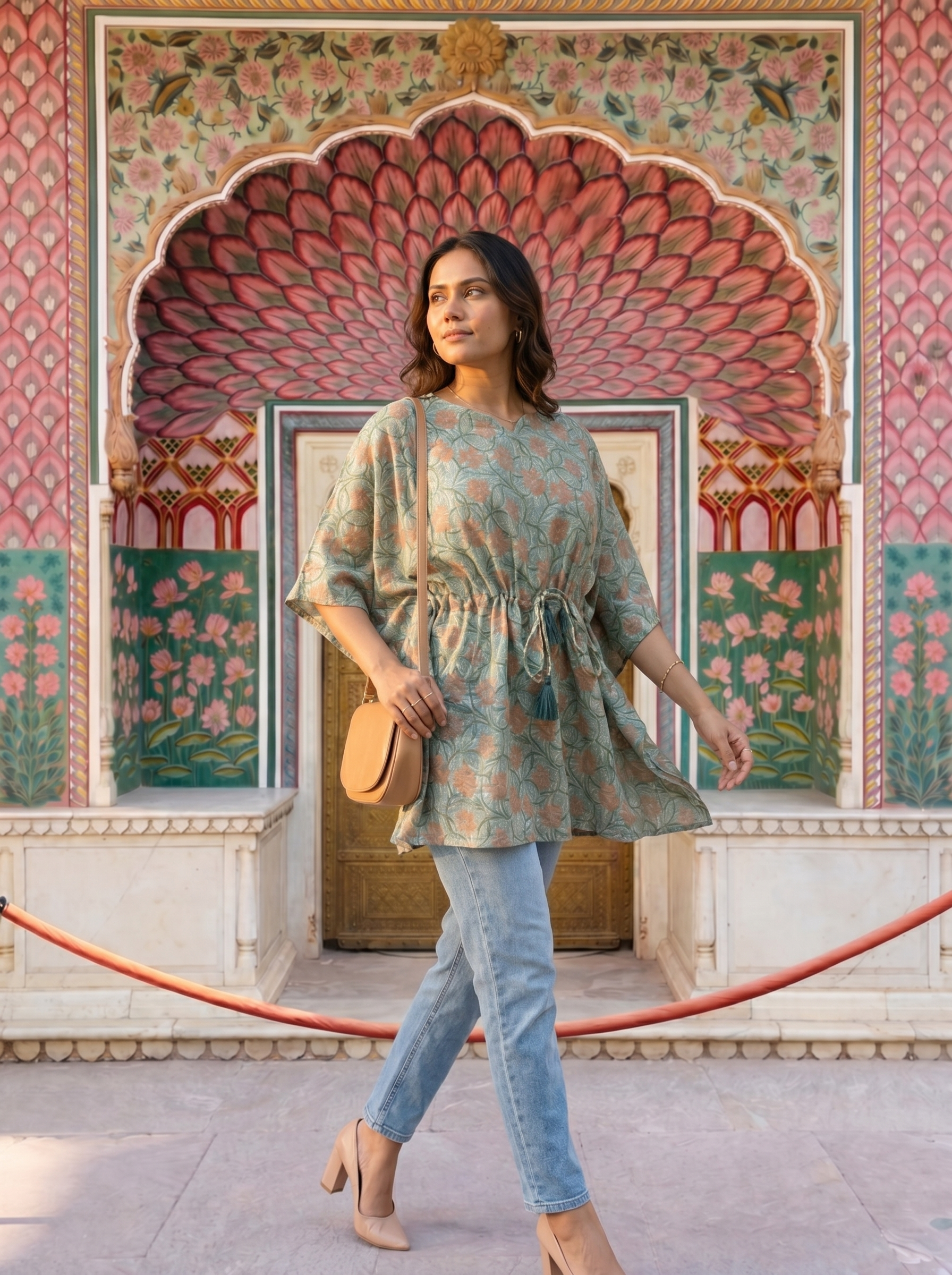 Kaftan Top #46- Floral printed organic cotton kaftan top in Sage green