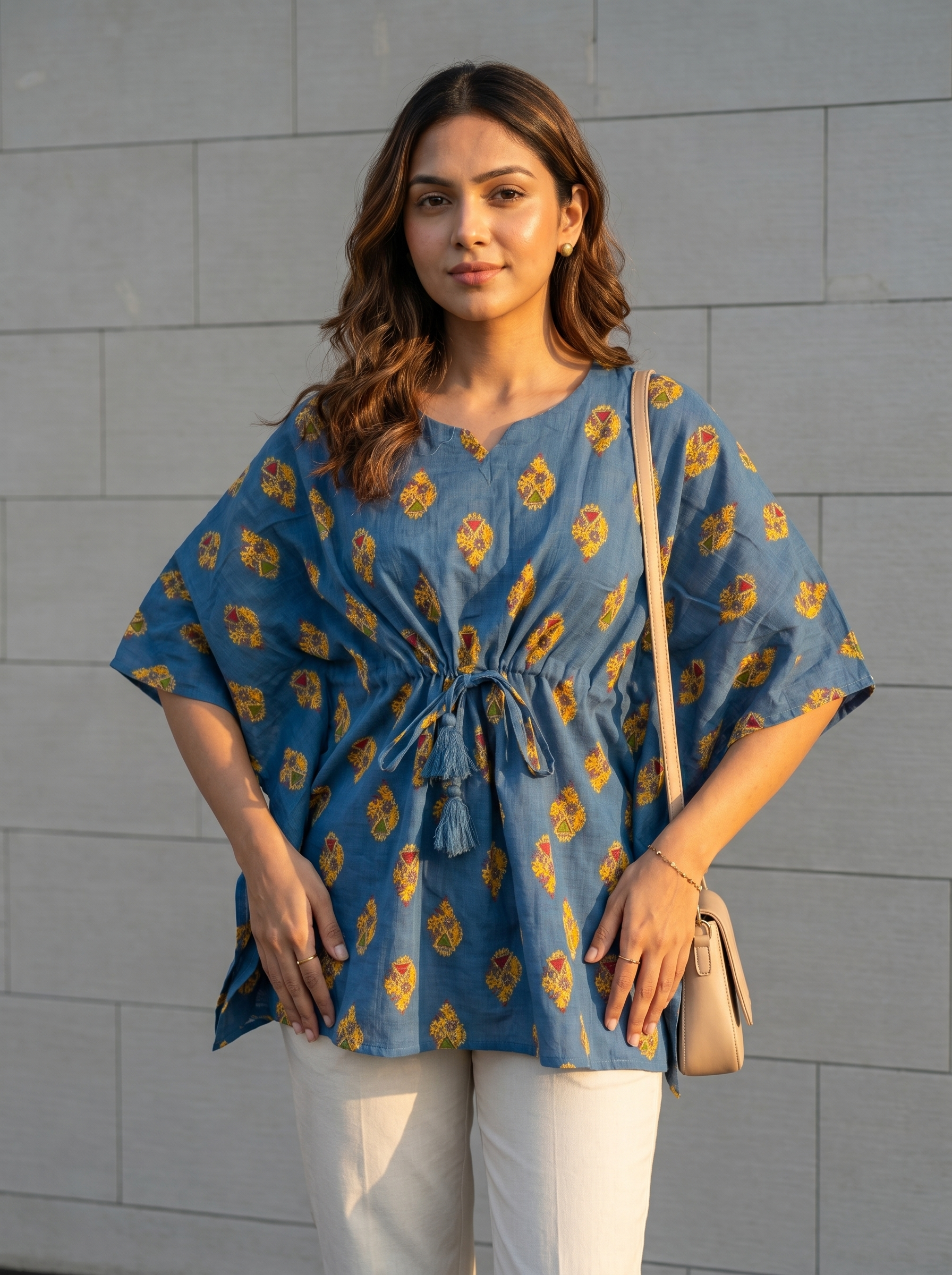 Kaftan Top #41- Floral printed organic cotton kaftan top in blue