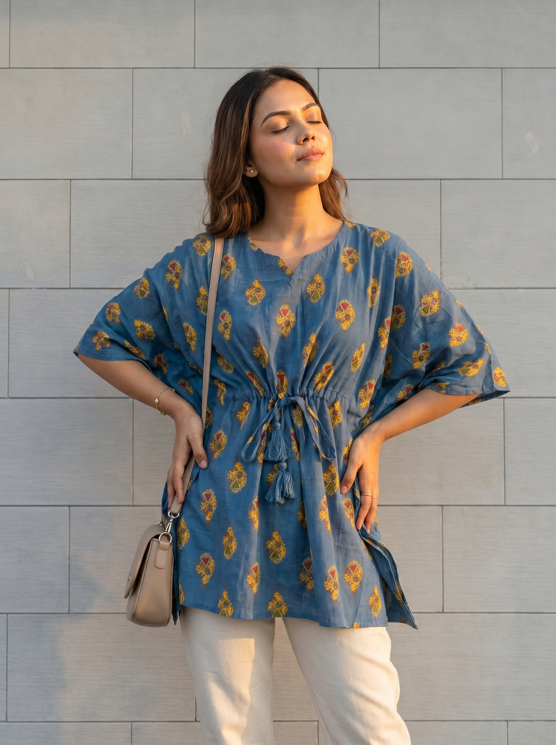 Kaftan Top #41- Floral printed organic cotton kaftan top in blue