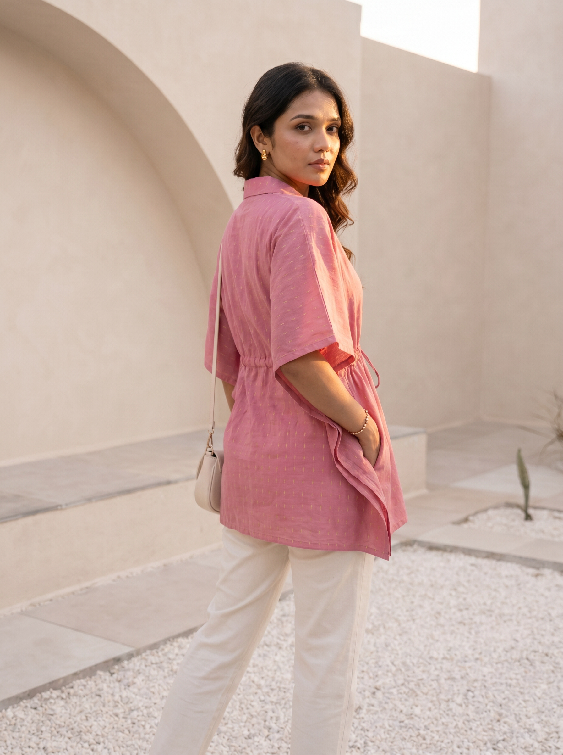 Kaftan Top #59-stripes printed organic cotton kaftan top in Pink