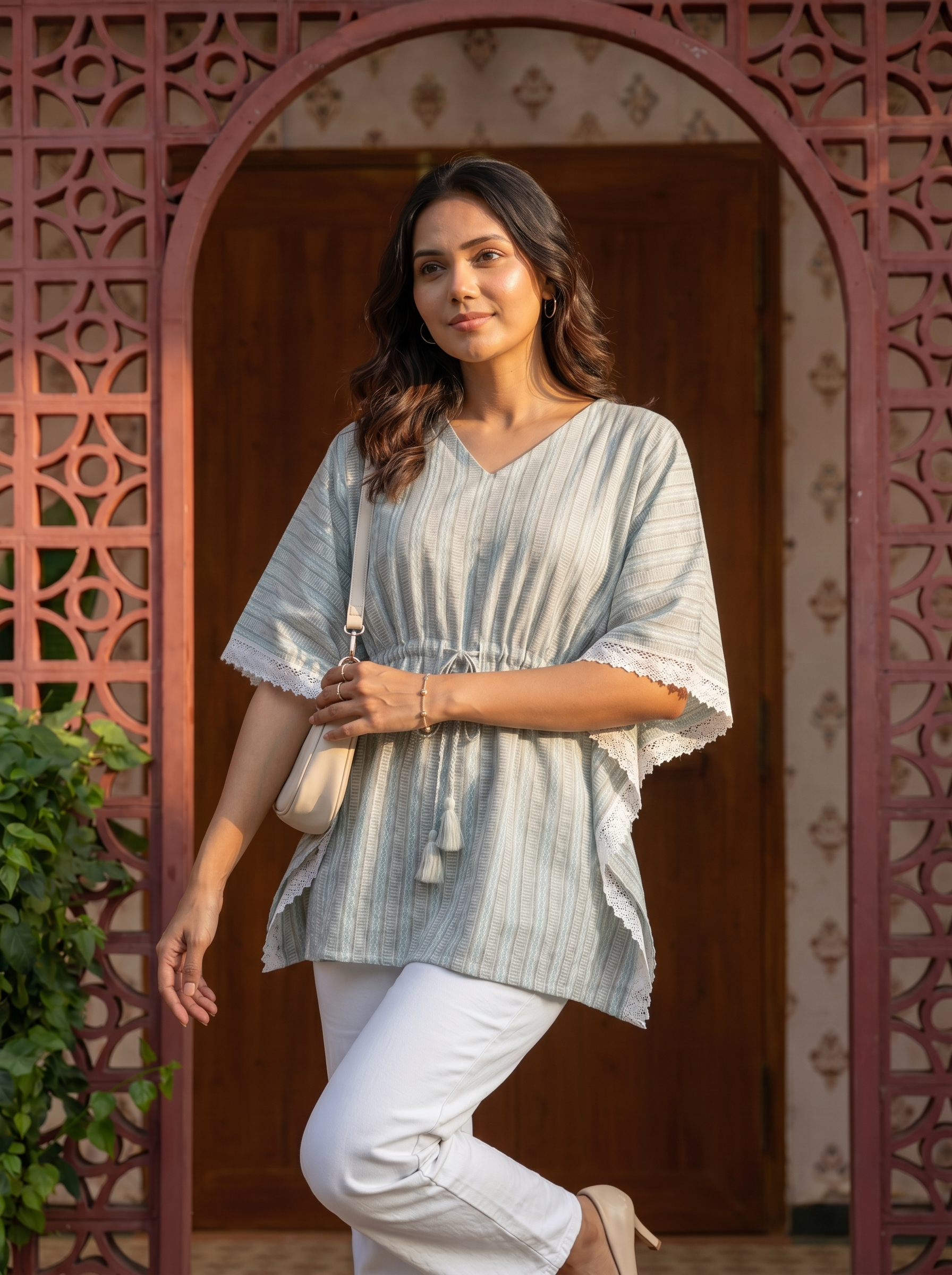 Kaftan Top #60- stripes printed organic cotton kaftan top in Soft sage green