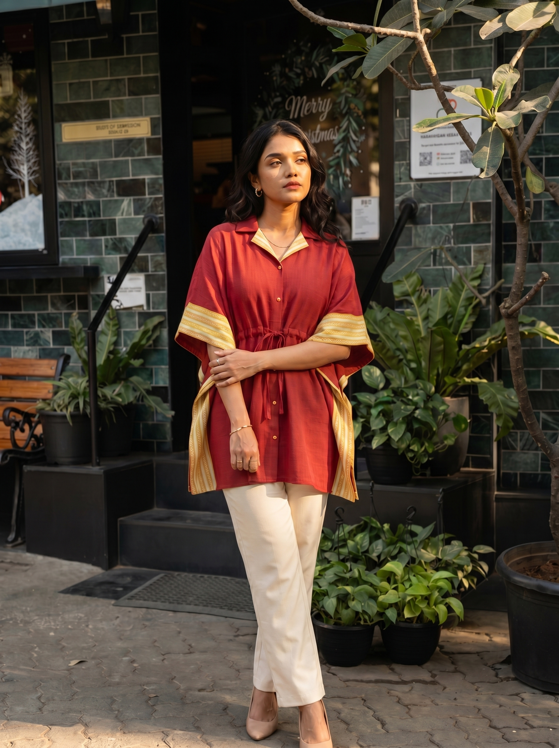 Kaftan Top #63- Organic cotton kaftan top in Maroon