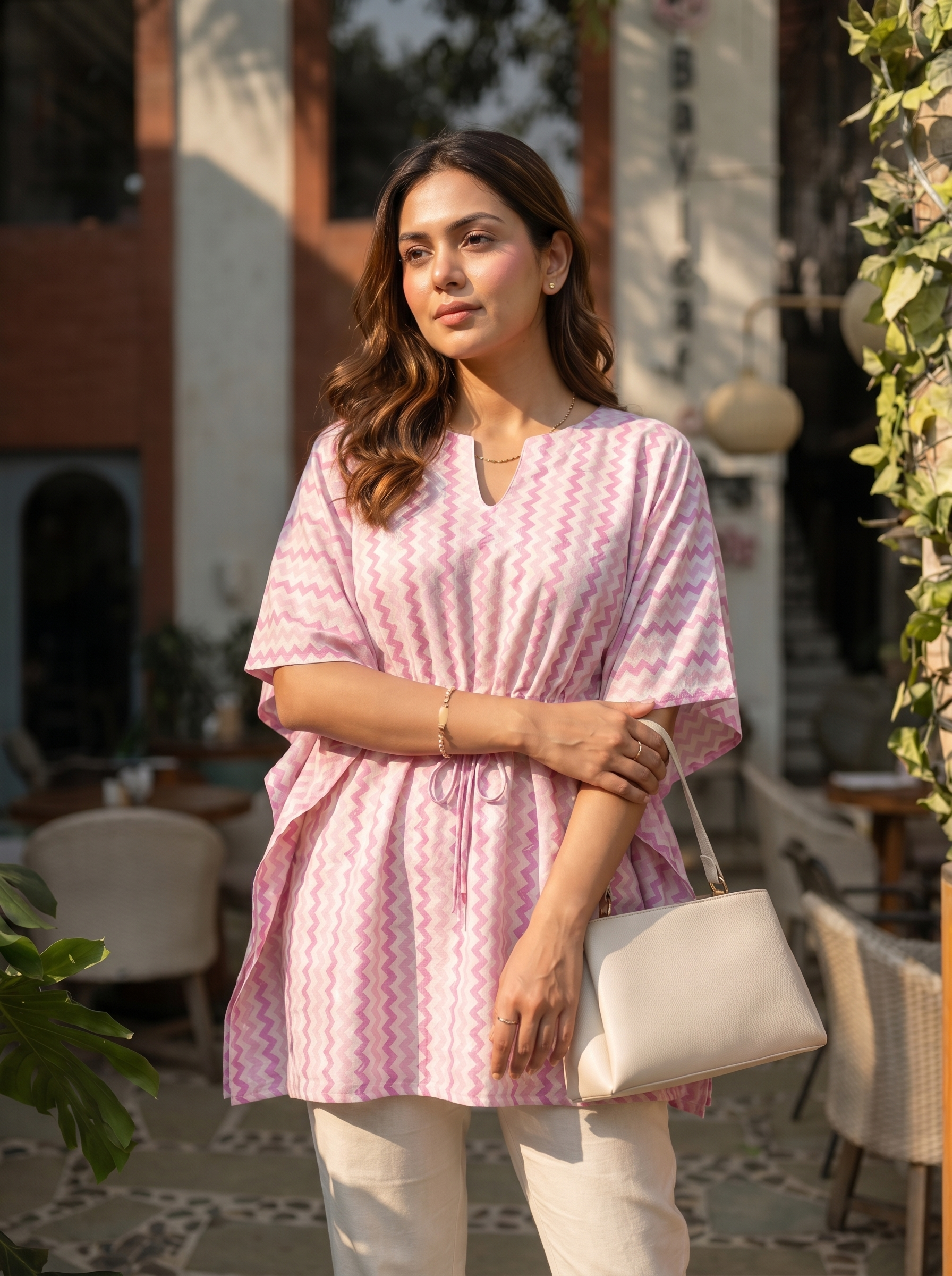 Kaftan Top #64- zig zag printed organic cotton kaftan top in Baby pink