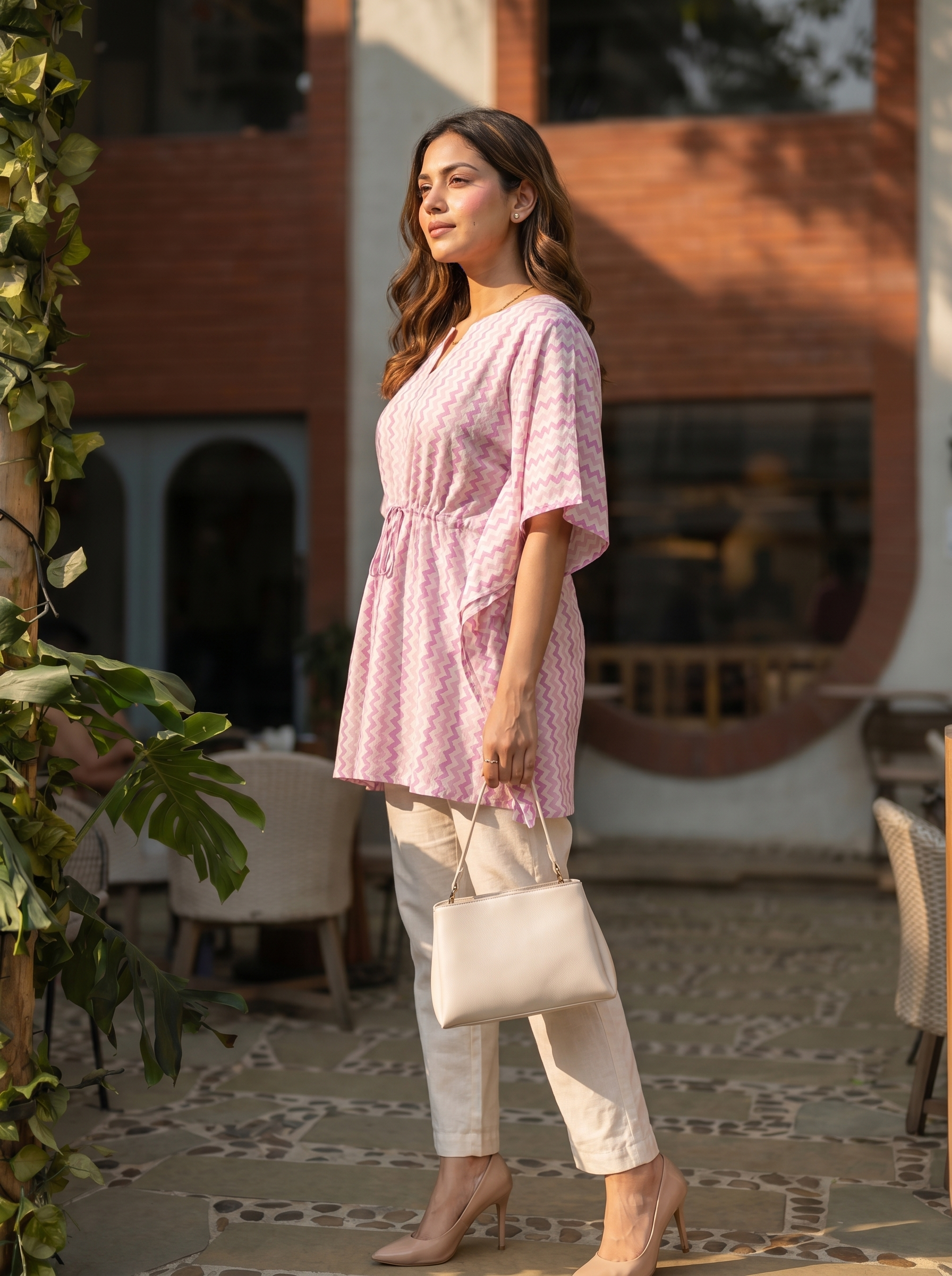 Kaftan Top #64- zig zag printed organic cotton kaftan top in Baby pink