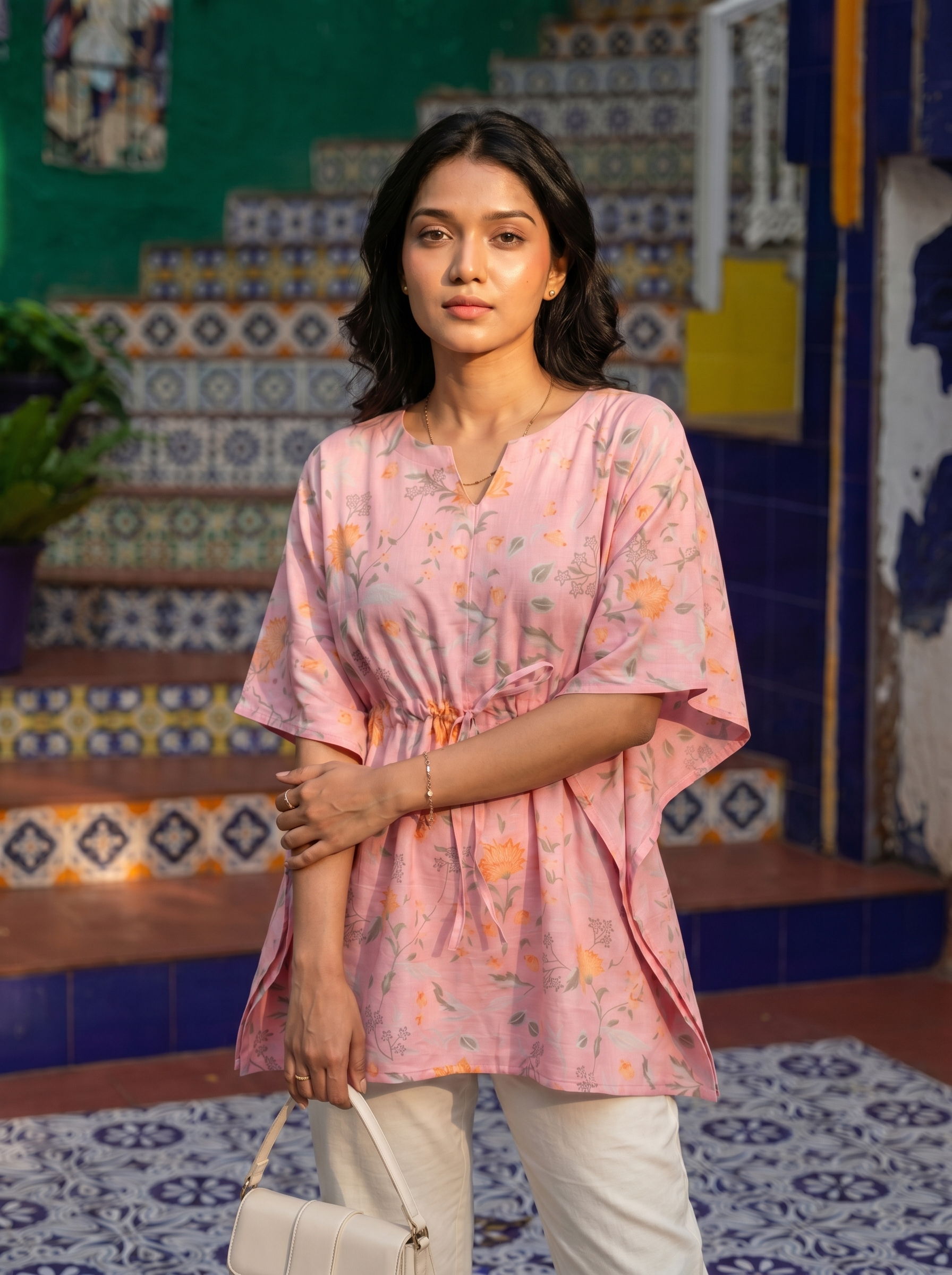 Kaftan Top #65- floral printed organic cotton kaftan top in Pink