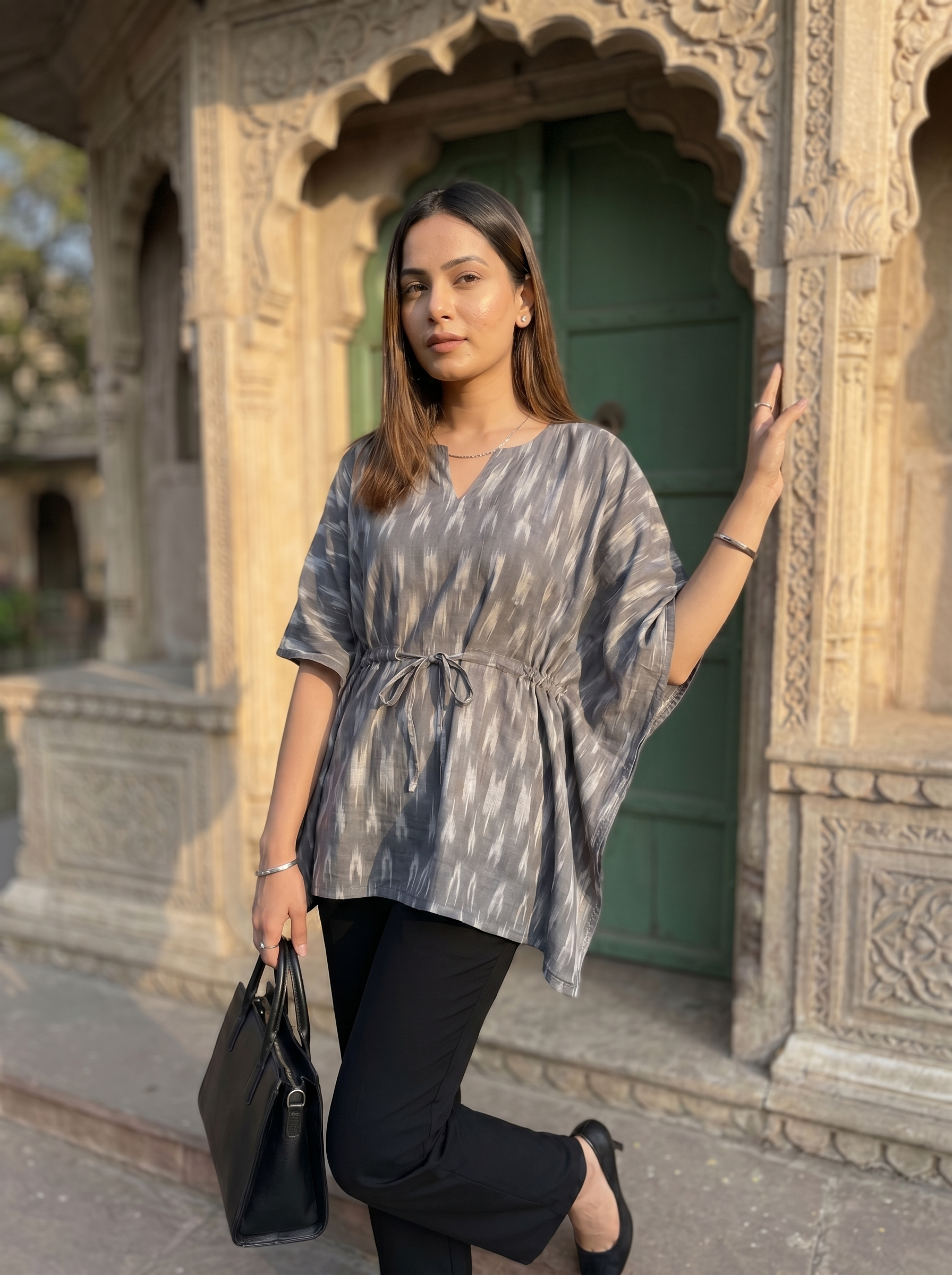 Kaftan Top #67- Ikkat printed organic cotton kaftan top in Grey