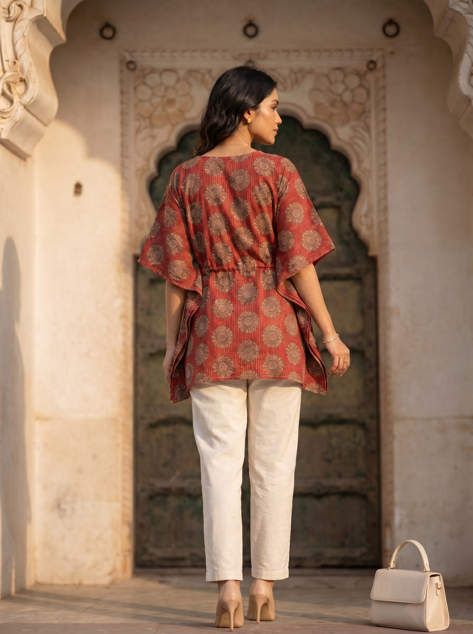 Kaftan Top #68- Floral printed organic cotton kaftan top in Burnt red