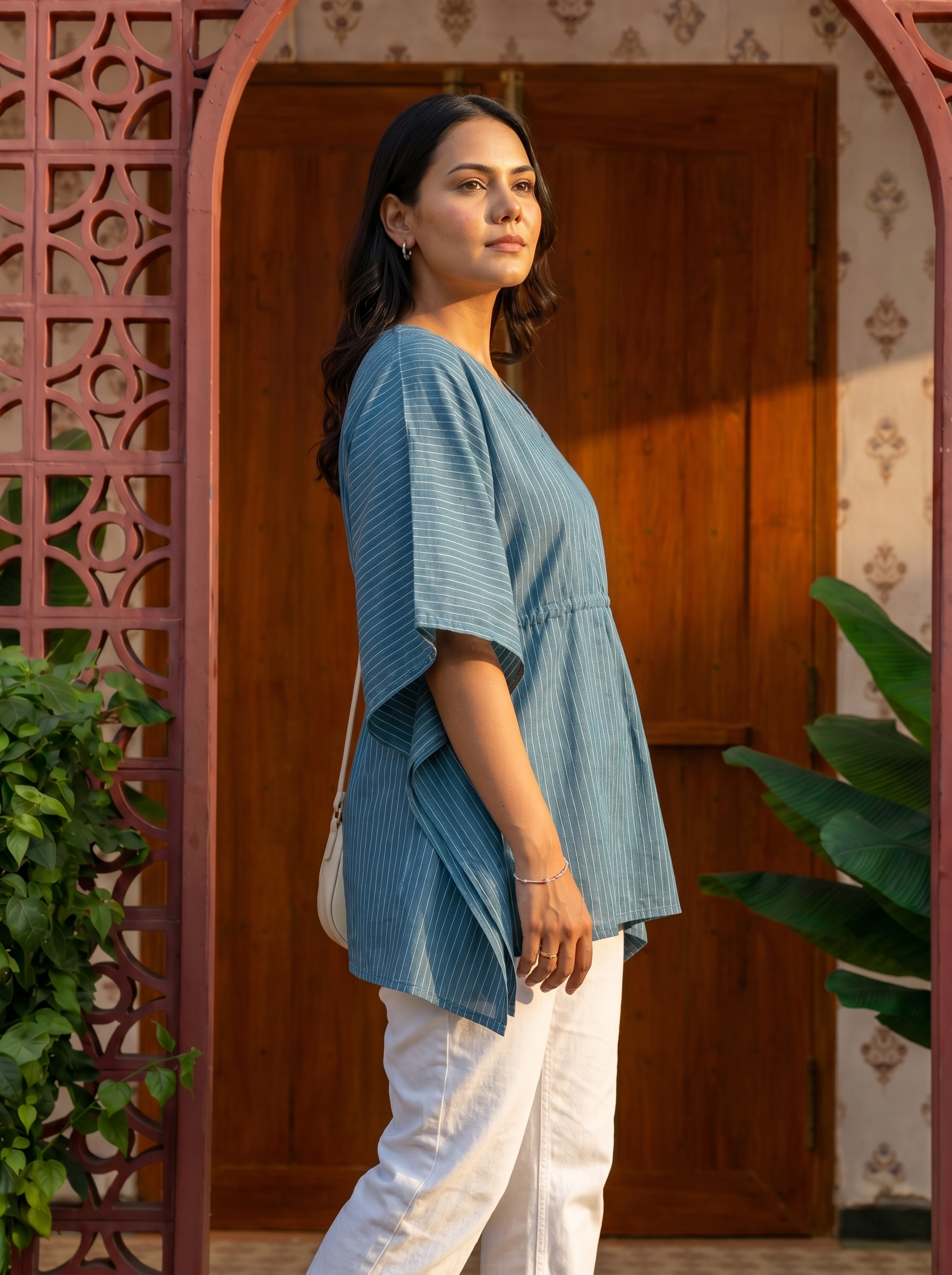 Kaftan Top #72- Striped pattern Organic cotton kaftan top in Blue