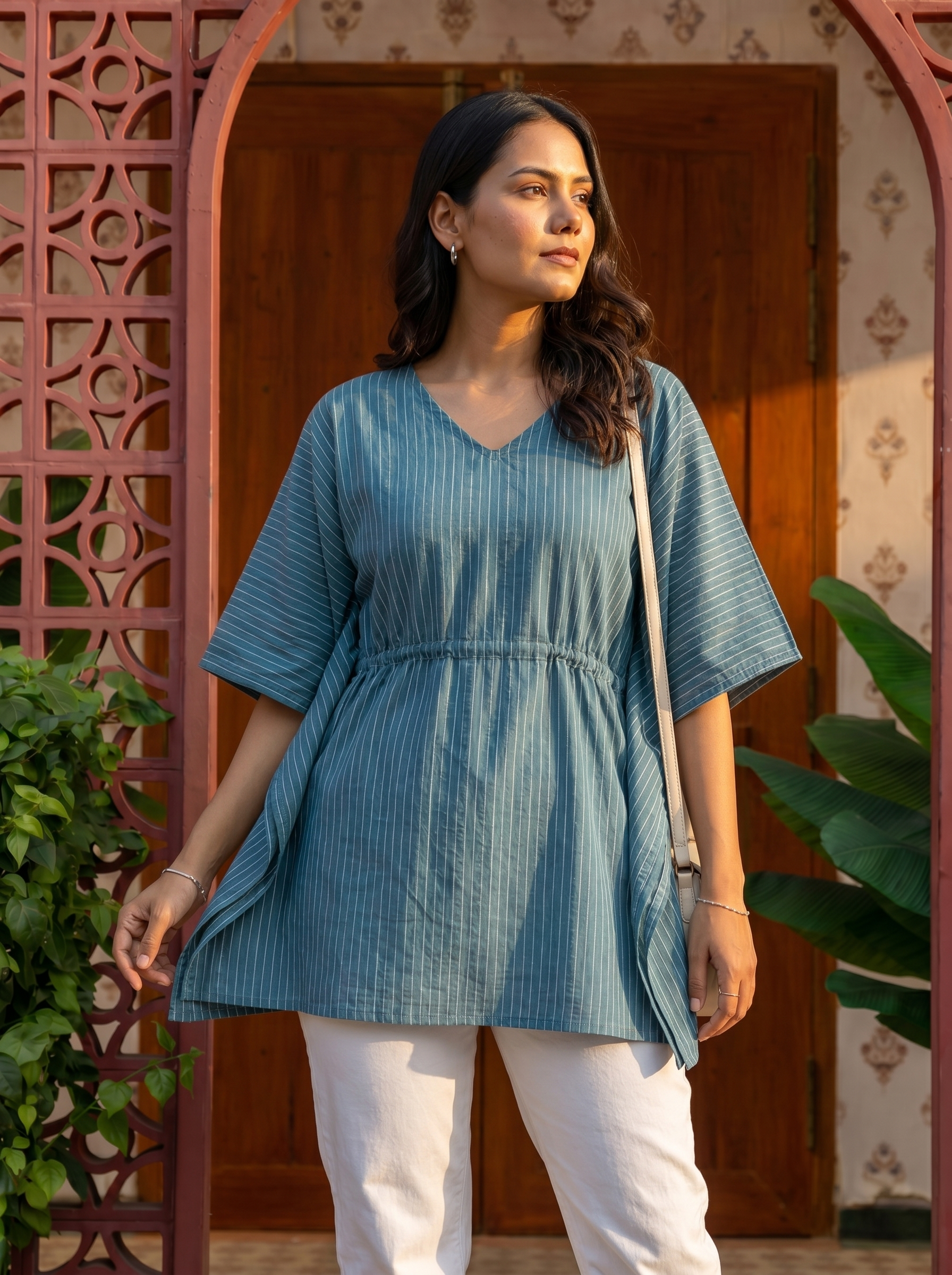 Kaftan Top #72- Striped pattern Organic cotton kaftan top in Blue