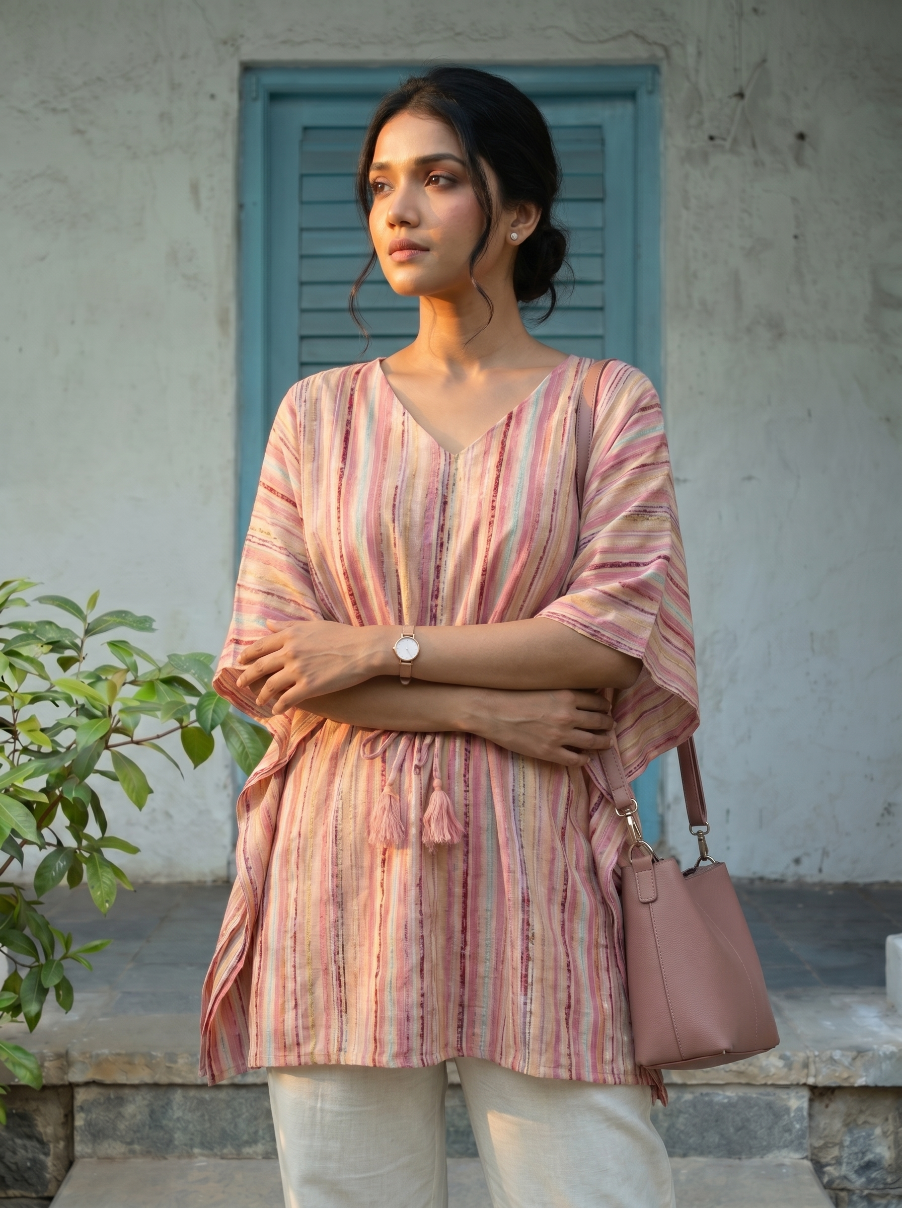 Kaftan Top #73- Striped pattern Organic cotton kaftan top in Peach