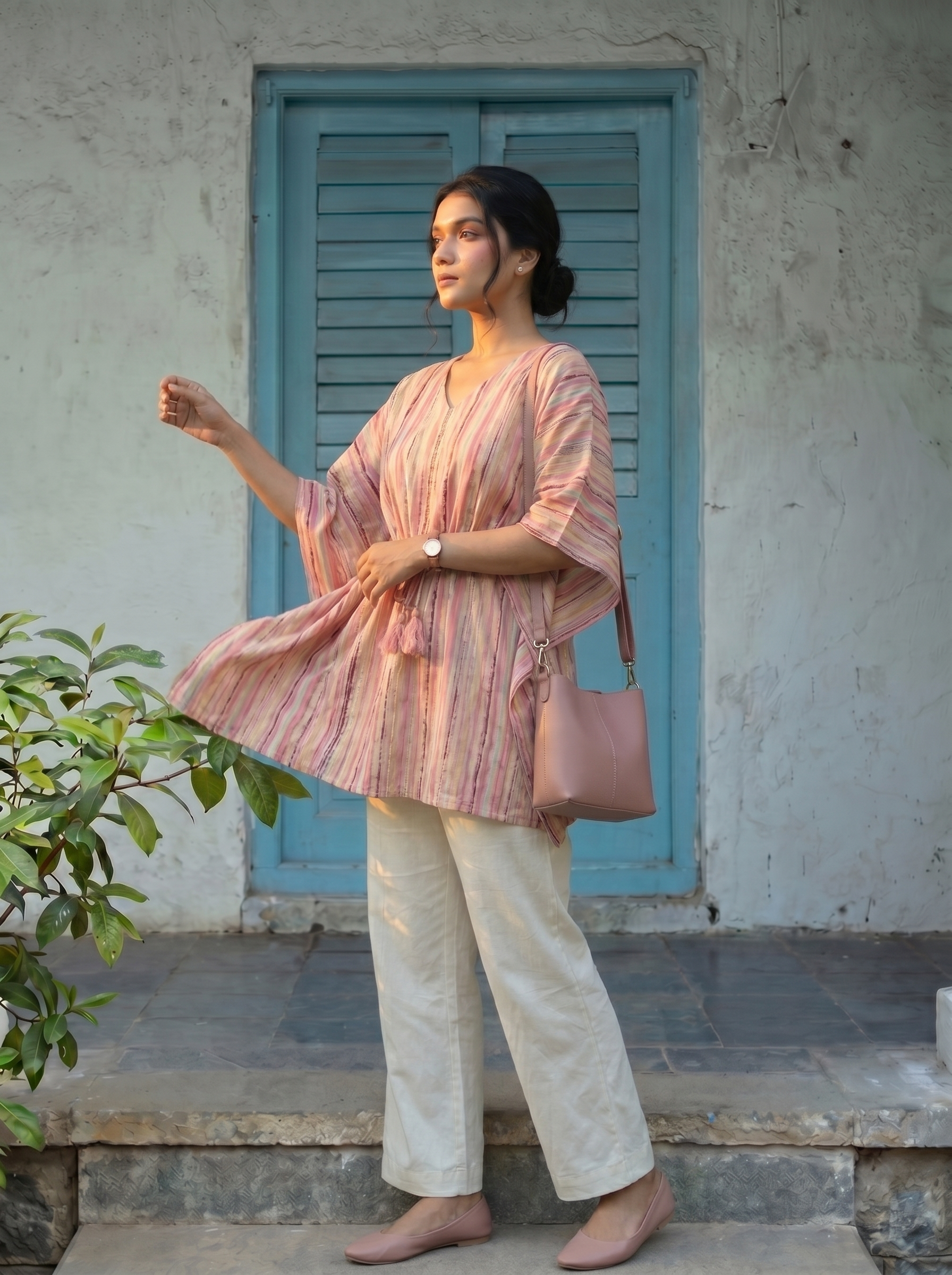 Kaftan Top #73- Striped pattern Organic cotton kaftan top in Peach