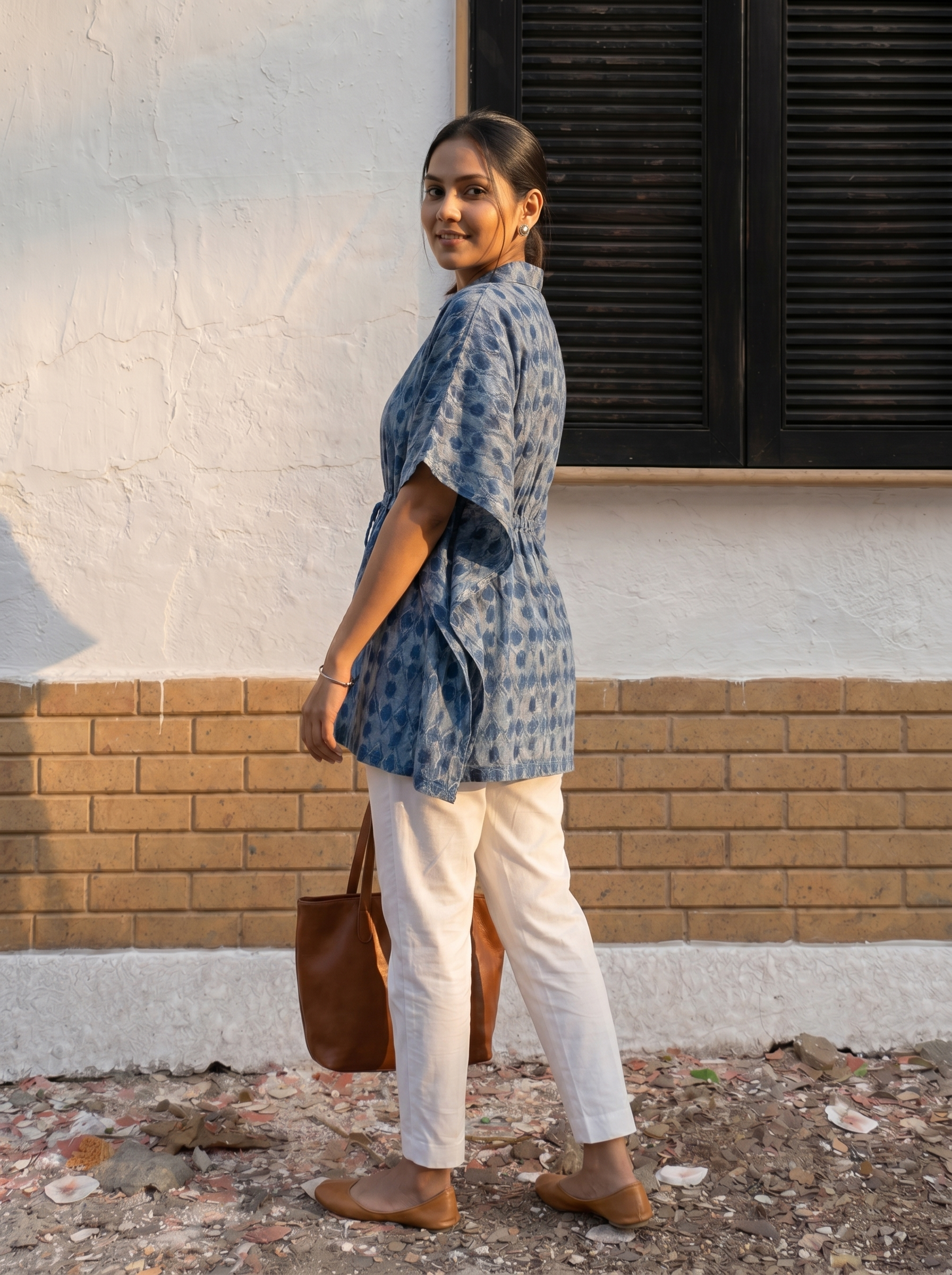 Kaftan Top #74- Circular motiff Organic cotton kaftan top in Indigo Blue
