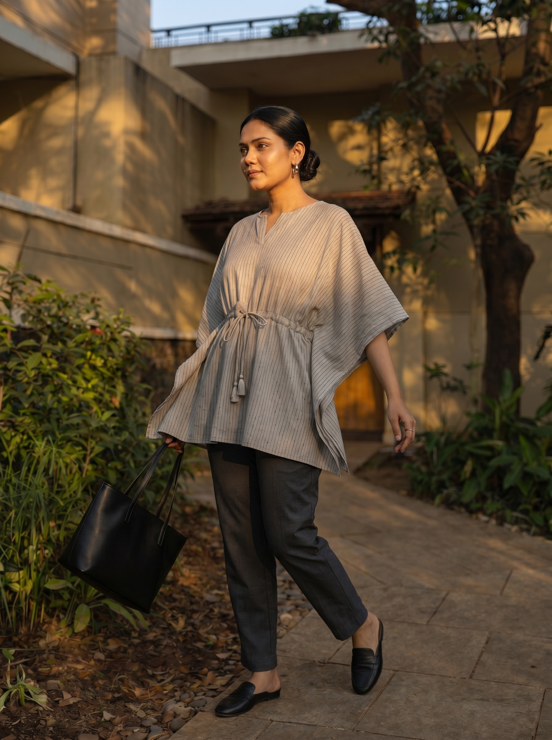Kaftan Top #75- Striped pattern Organic cotton kaftan top in Beige