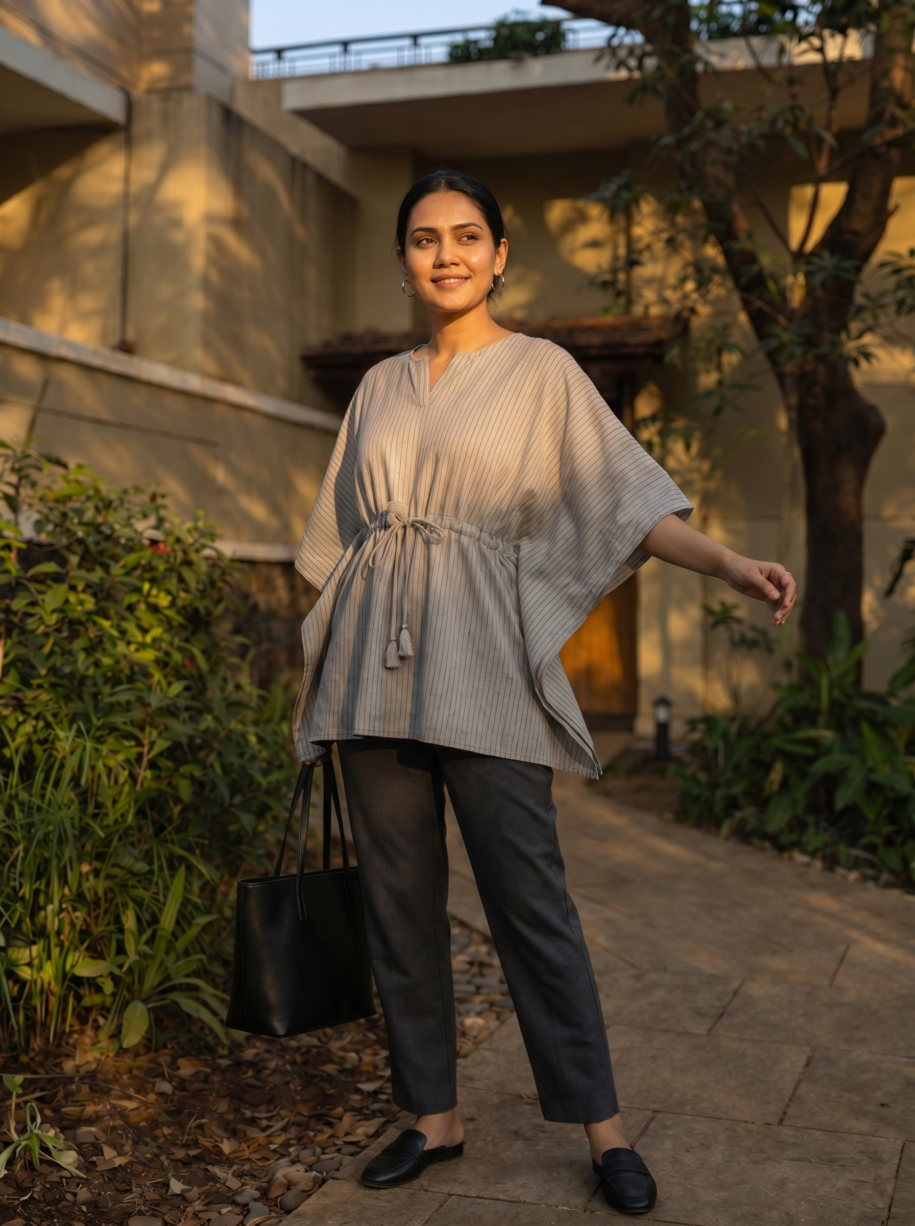 Kaftan Top #75- Striped pattern Organic cotton kaftan top in Beige