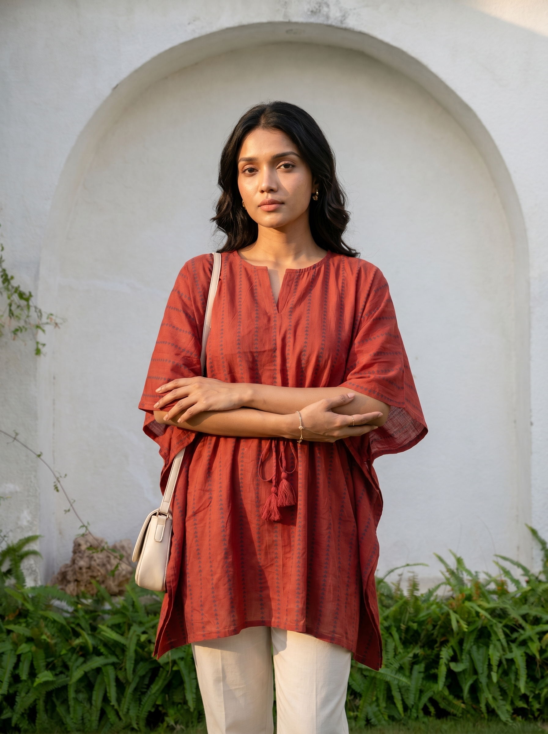 Kaftan Top #76- Striped pattern Organic cotton kaftan top in Rust Orange