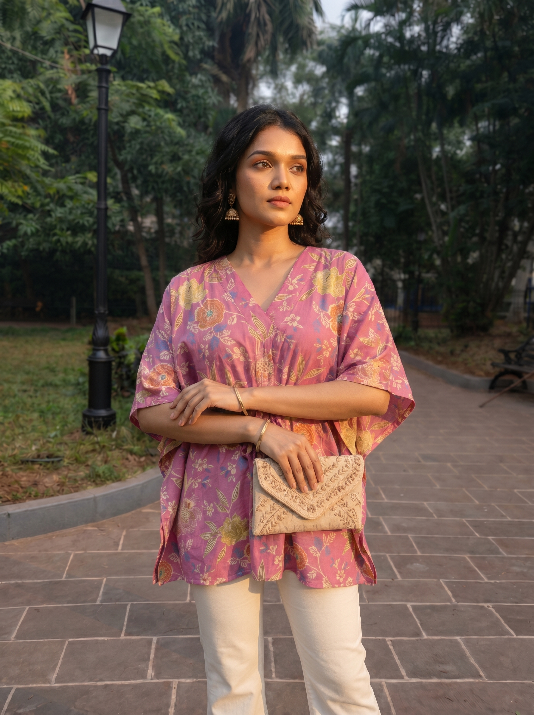 Kaftan Top #77- Floral Printed Organic cotton kaftan top in Pink