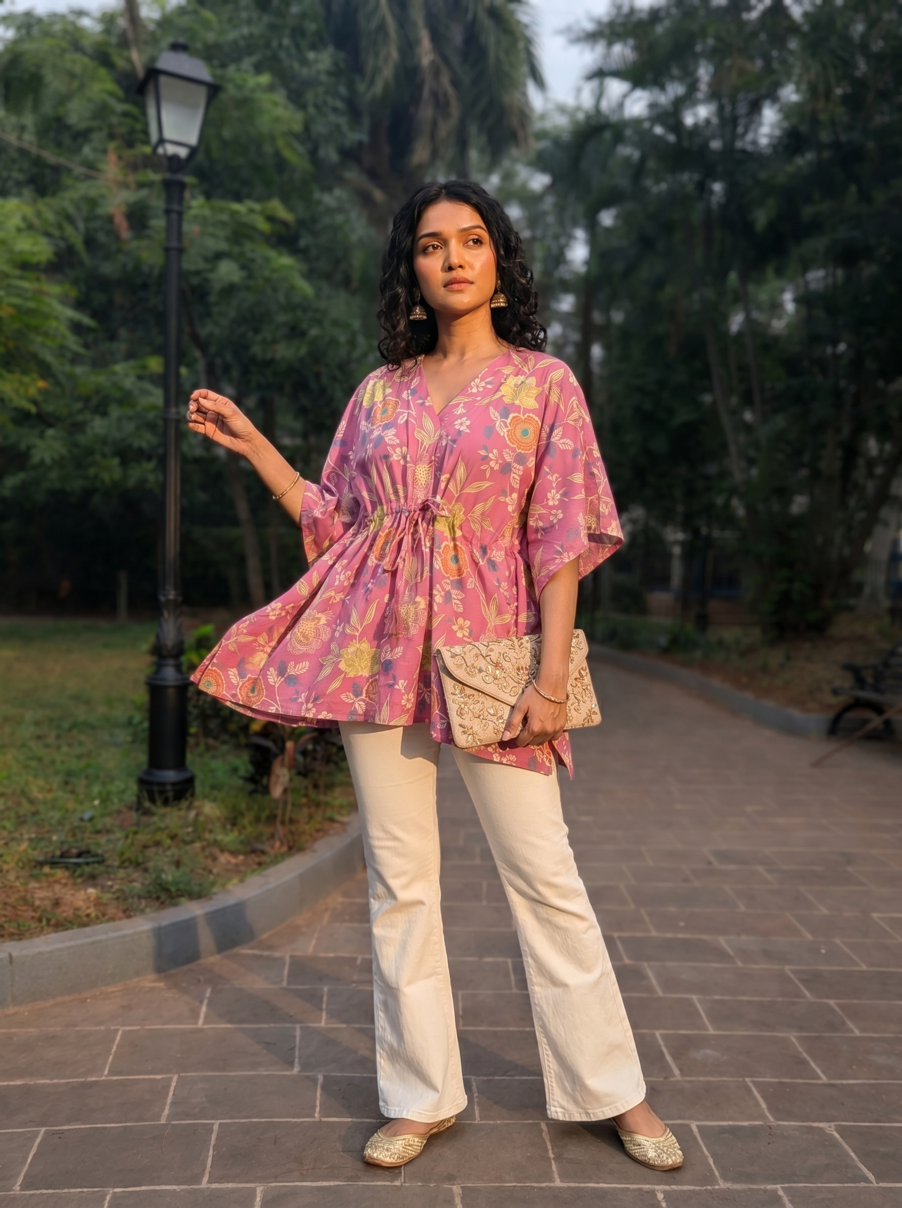Kaftan Top #77- Floral Printed Organic cotton kaftan top in Pink