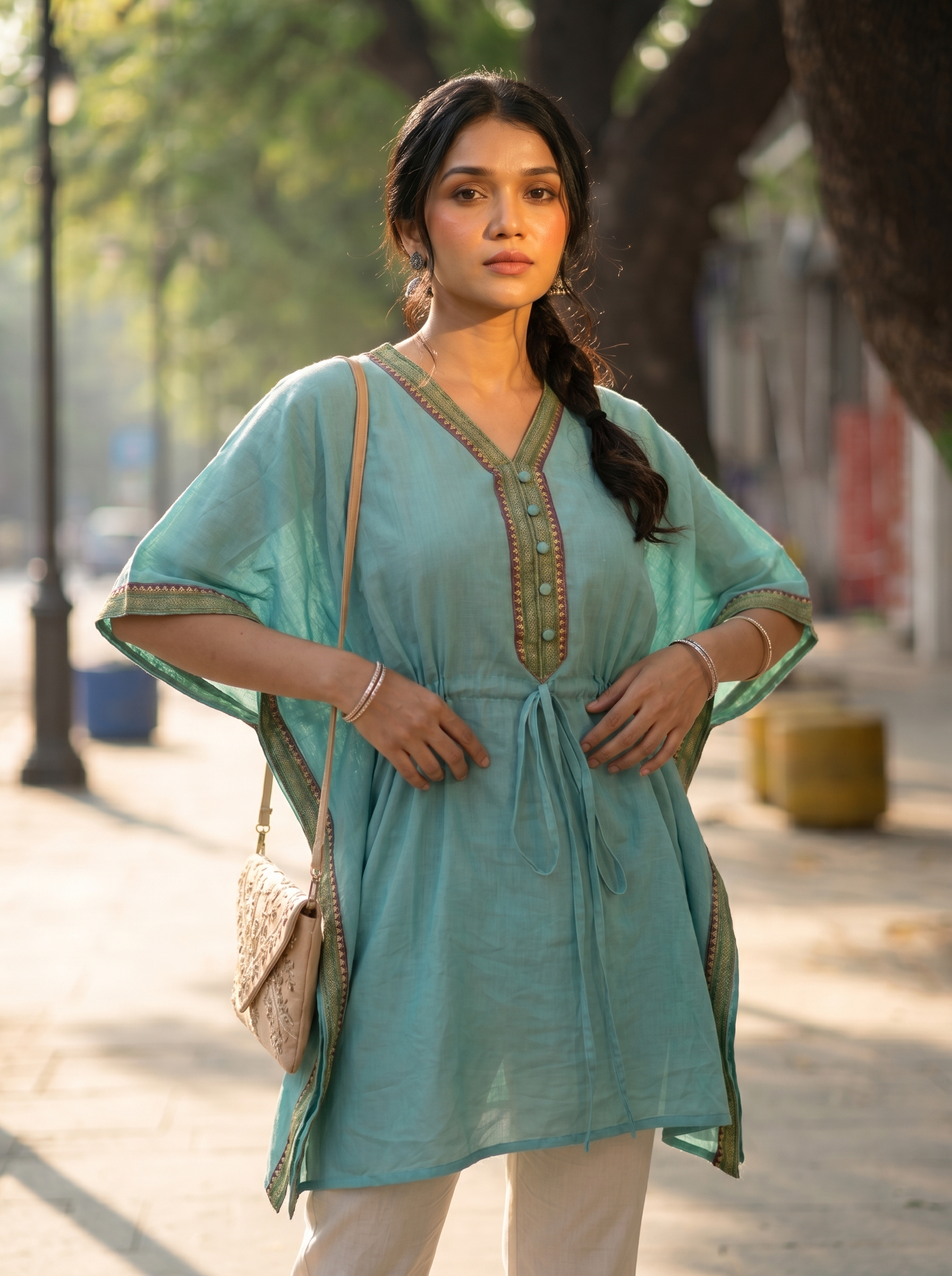 Kaftan Top #78- Organic cotton kaftan top in Turquoise green
