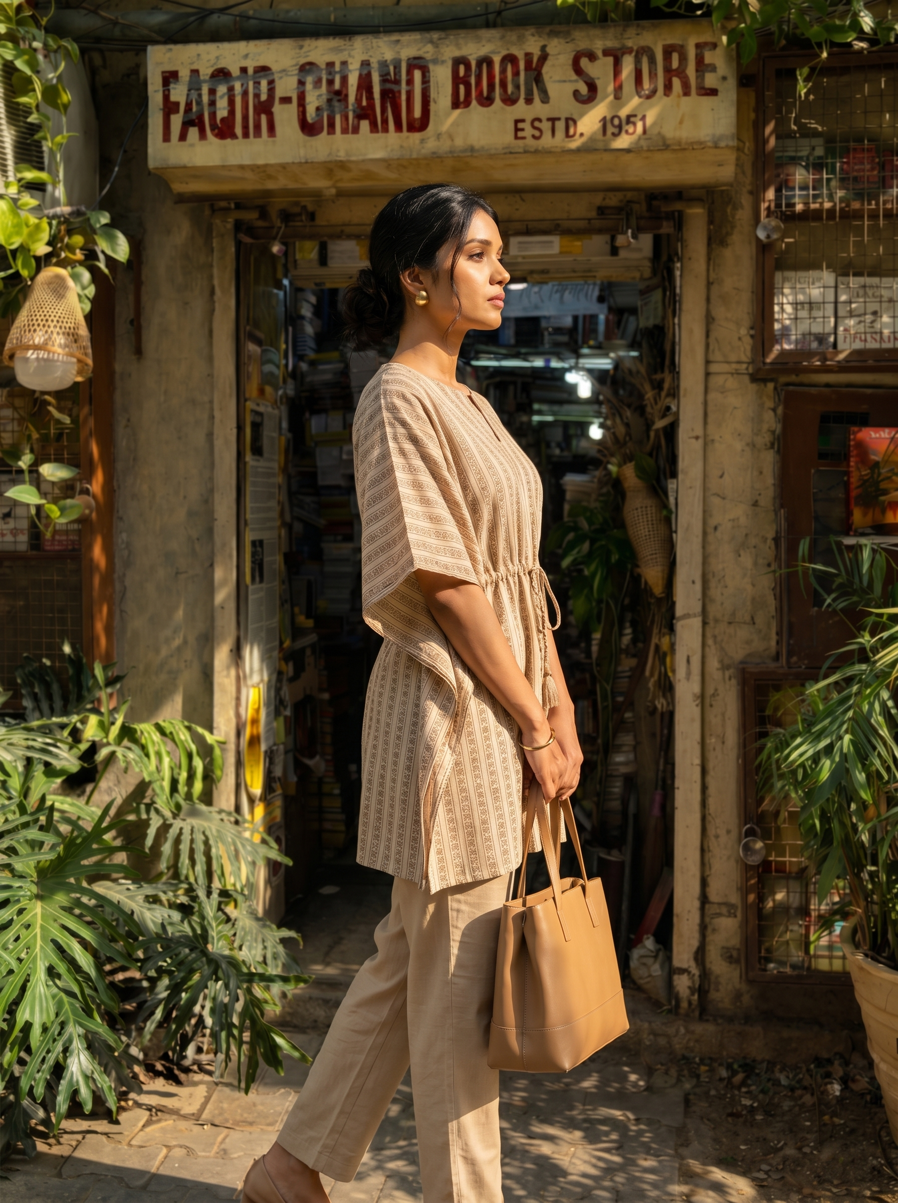 Kaftan Top #79- Striped pattern Organic cotton kaftan top in Beige