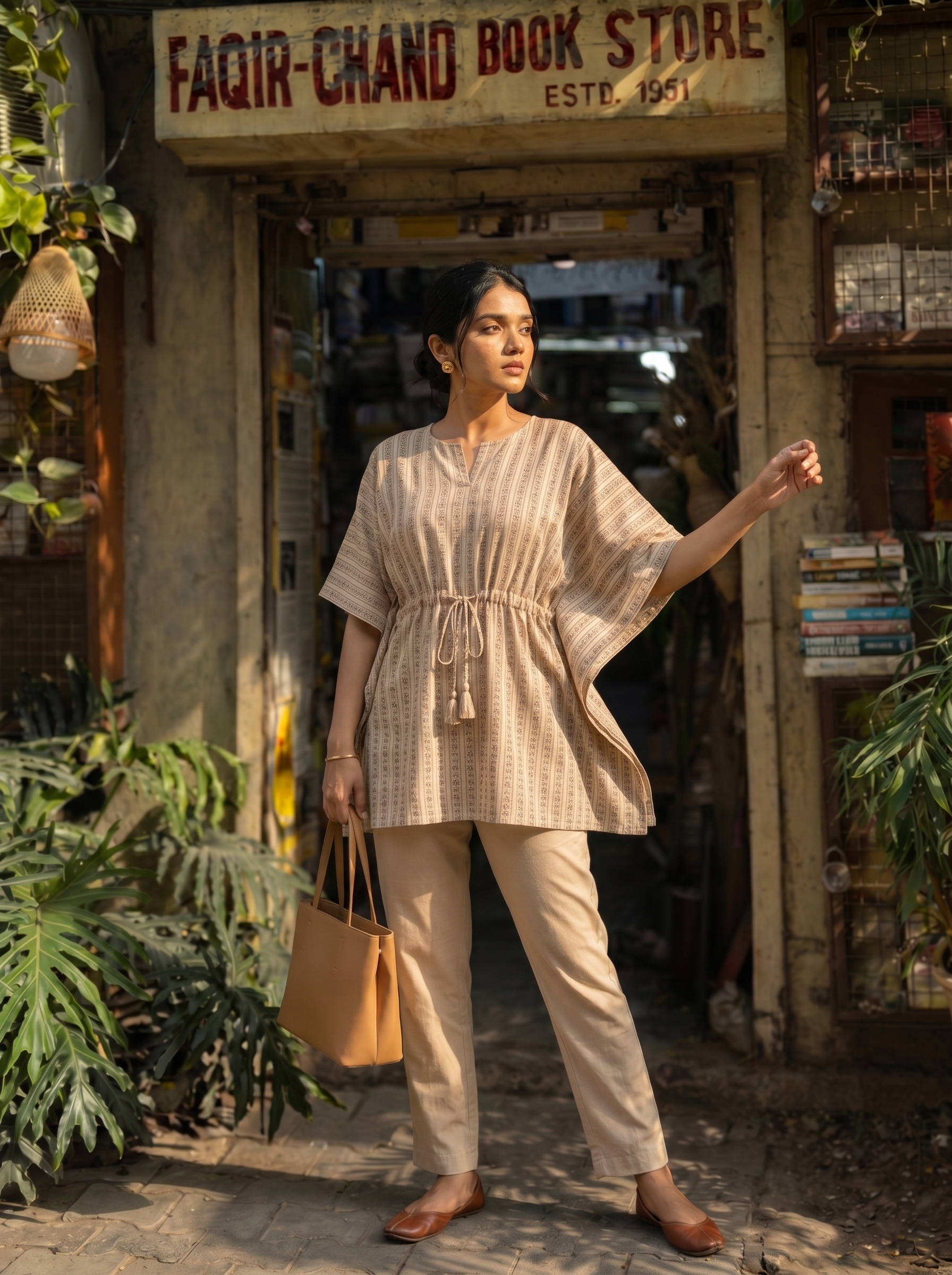 Kaftan Top #79- Striped pattern Organic cotton kaftan top in Beige
