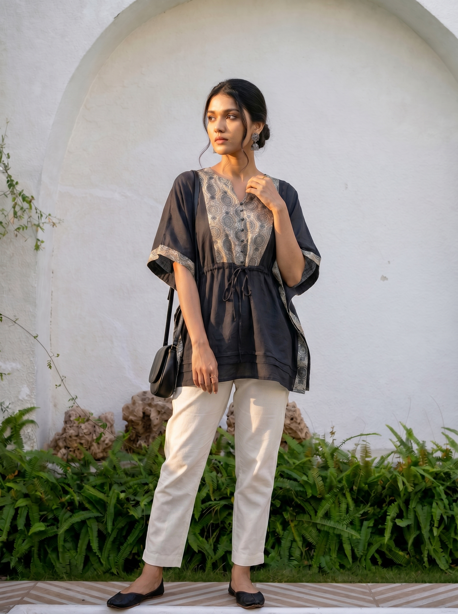 Kaftan Top #80- Small motiff printed Organic cotton kaftan top in Black