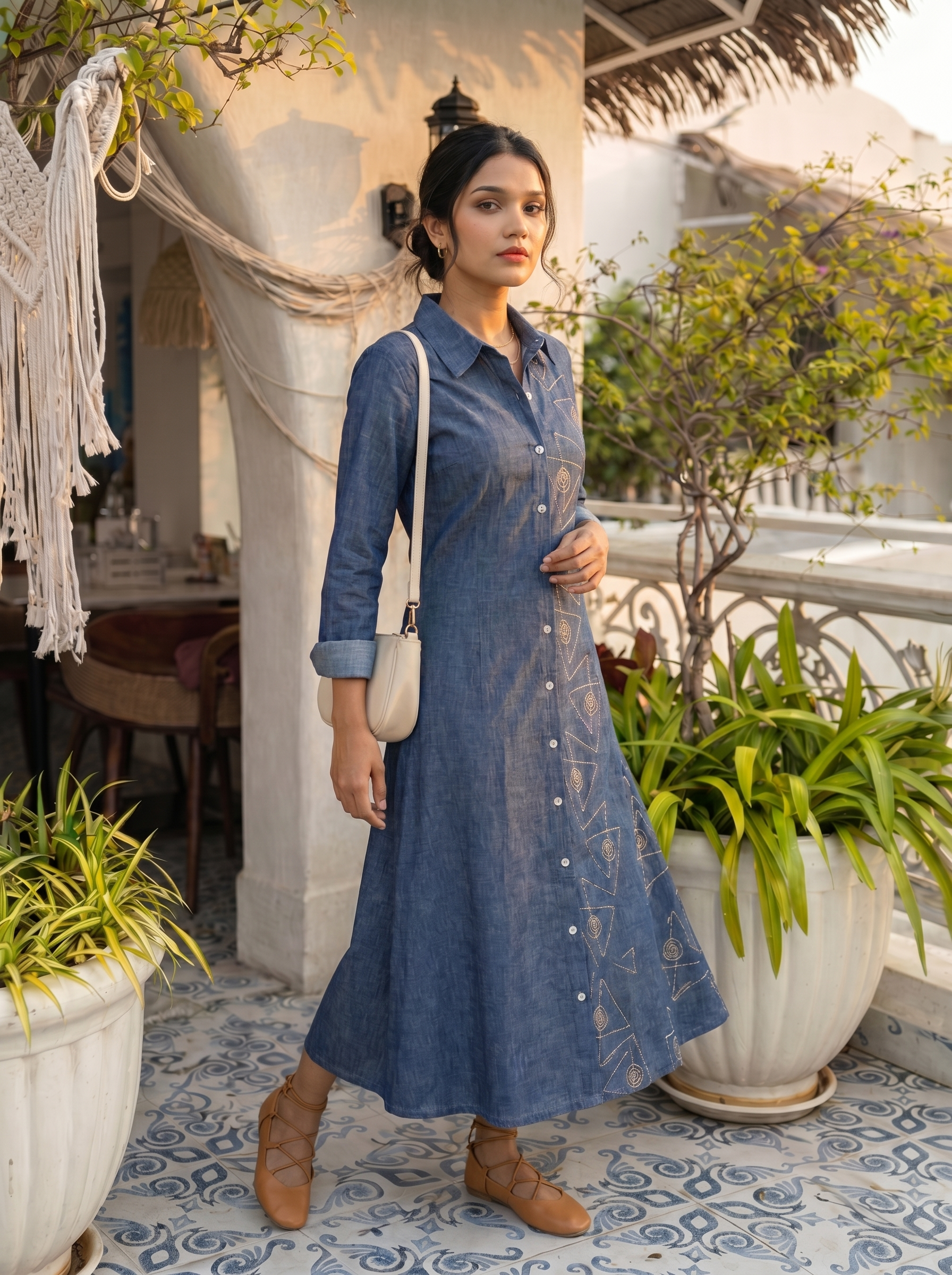 Women linen dress 1 - denim colour linen cotton dress with embroidery