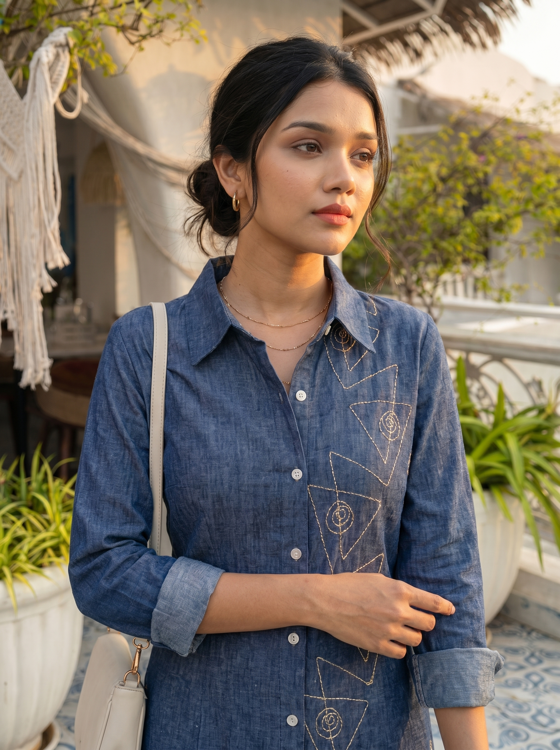 Women linen dress 1 - denim colour linen cotton dress with embroidery
